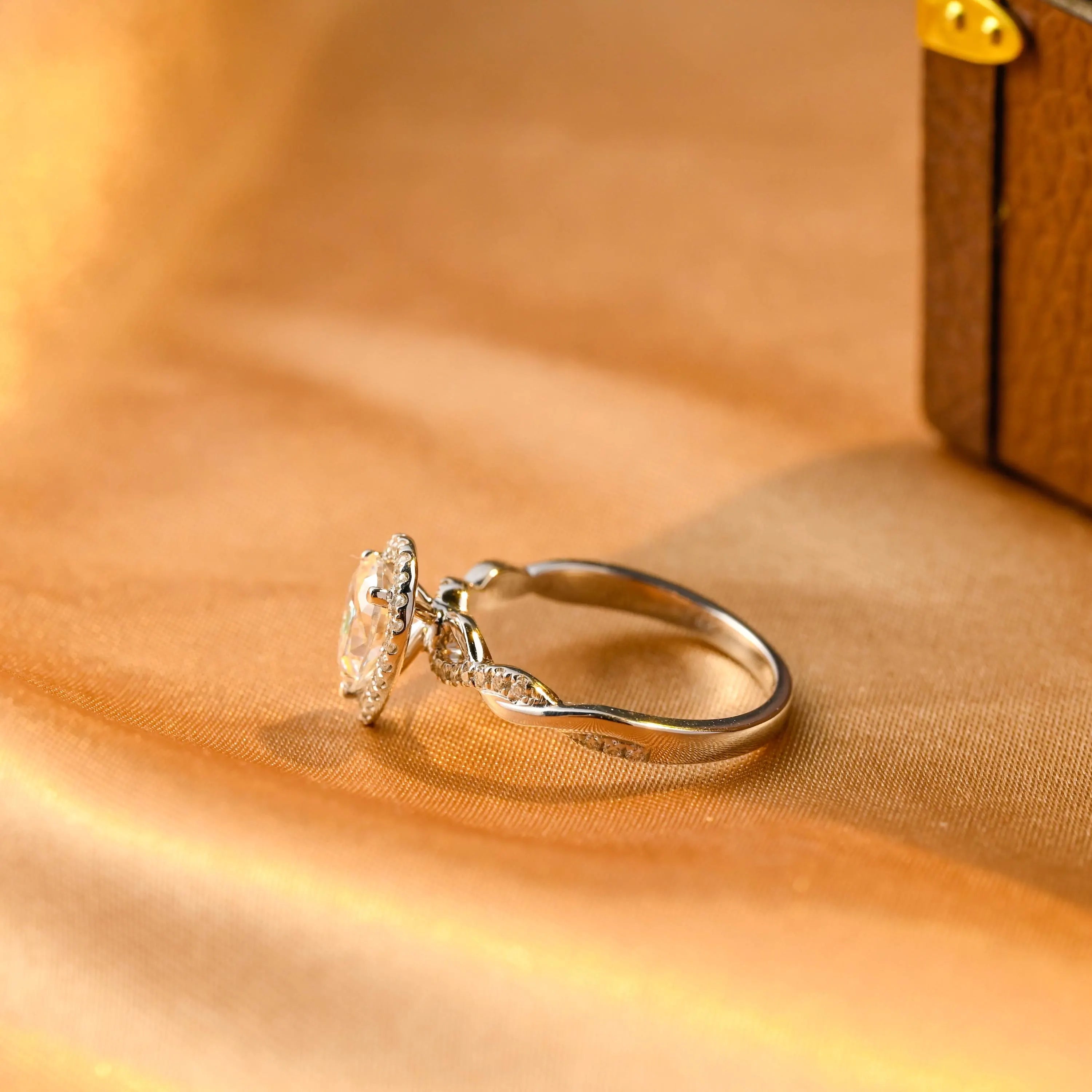Twisted Band Pear Cut Moissanite Engagement Ring, Halo Pave Pear Moissanite Wedding Ring