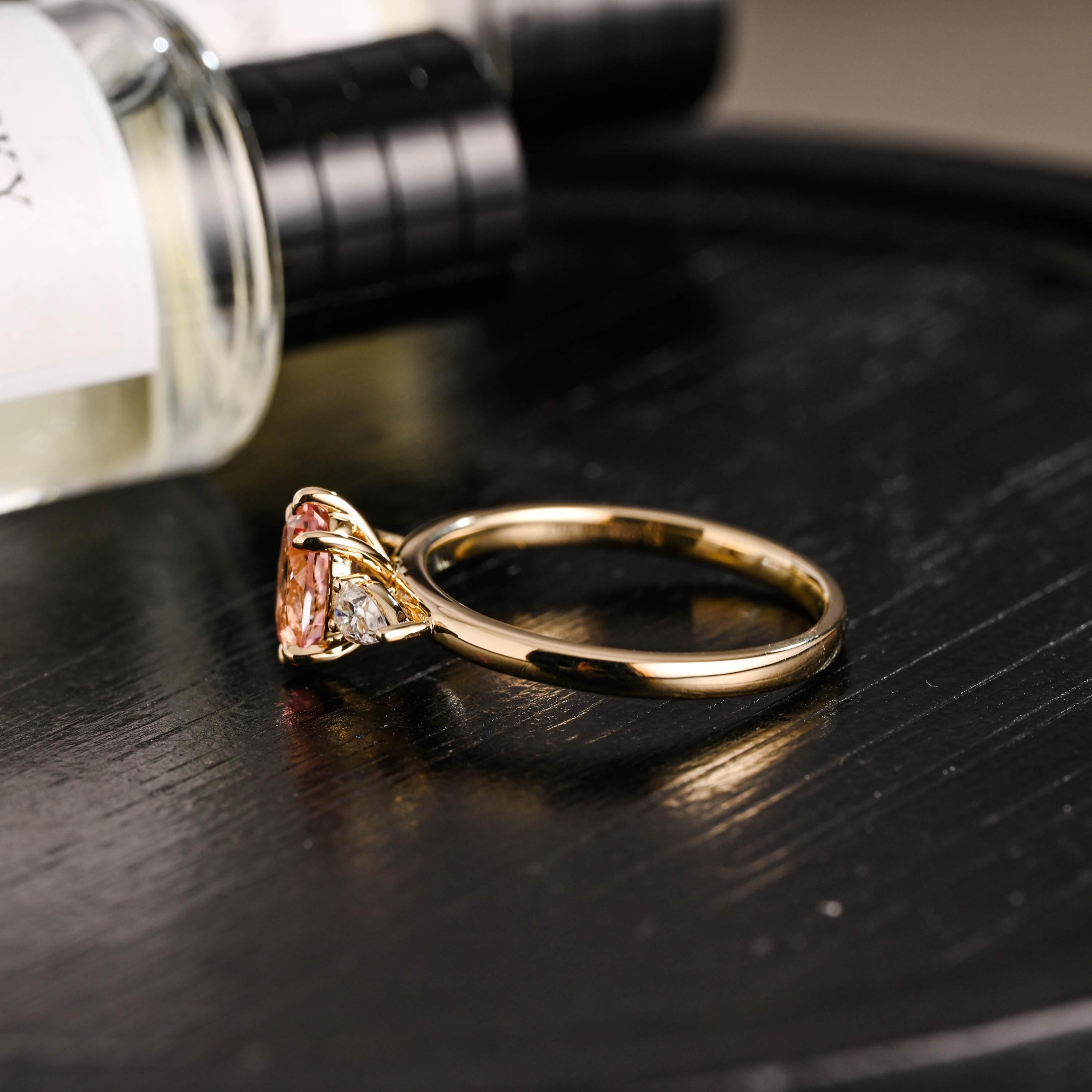 Solid Gold Oval Lab Grown Pink Sapphire Engagement Ring, Three Stone Proposal Ring