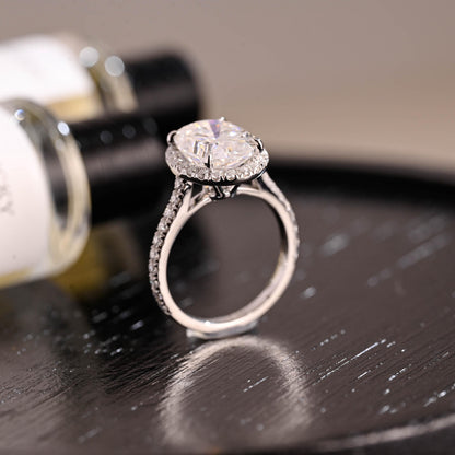 Solid Gold Halo Oval Cut Moissanite Engagement Ring, Half Pave Wedding Ring