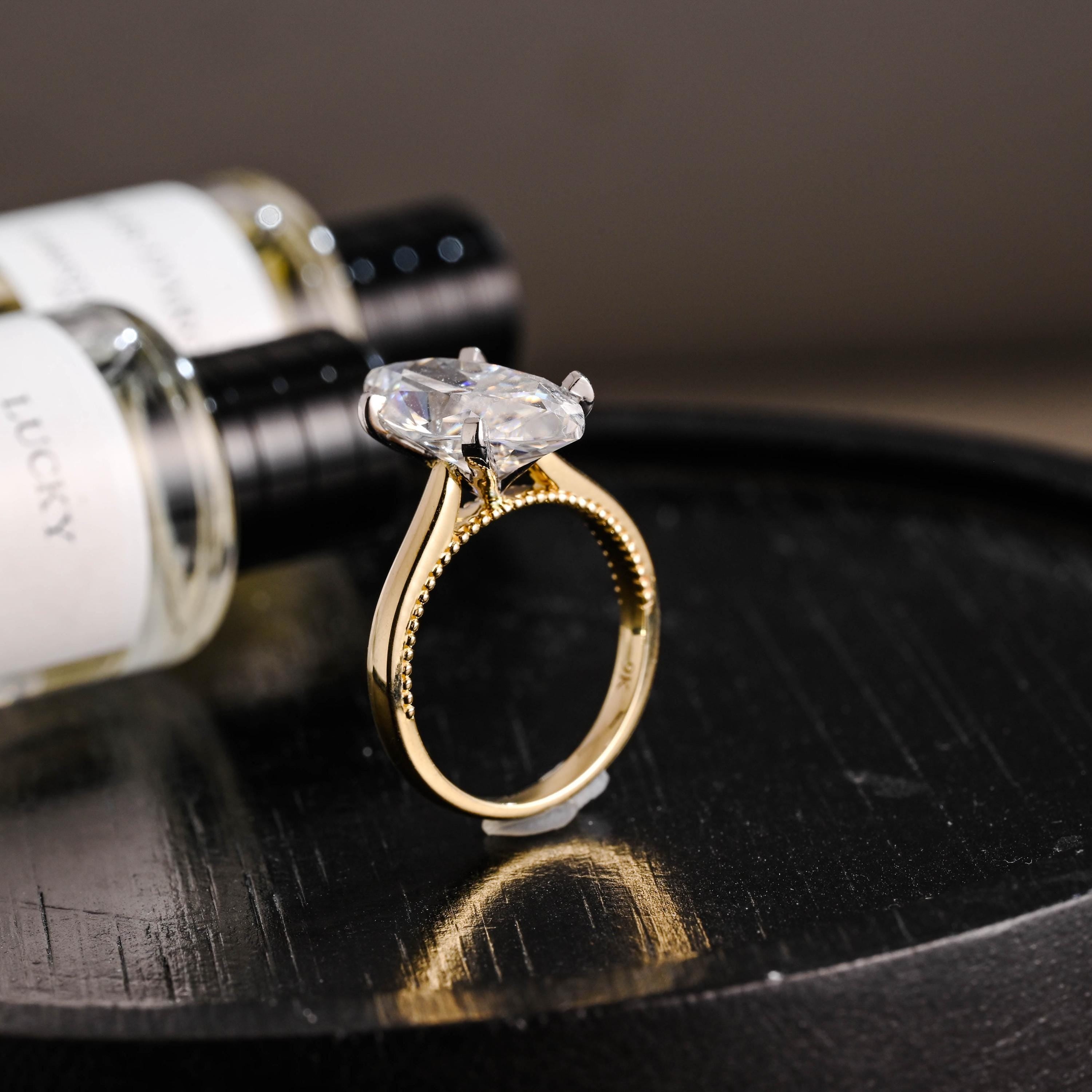 Beaded Marquise Moissanite Solid Gold Engagement Ring, Vintage Style Ring