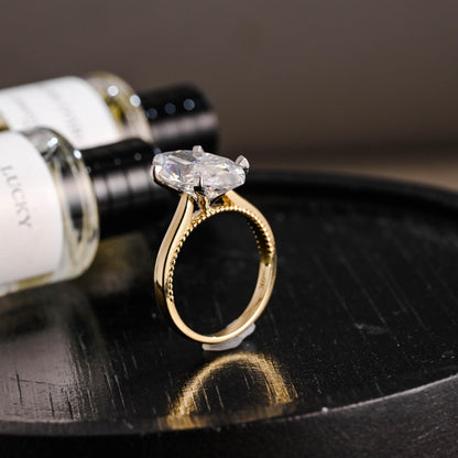 Beaded Marquise Moissanite Solid Gold Engagement Ring, Vintage Style Ring