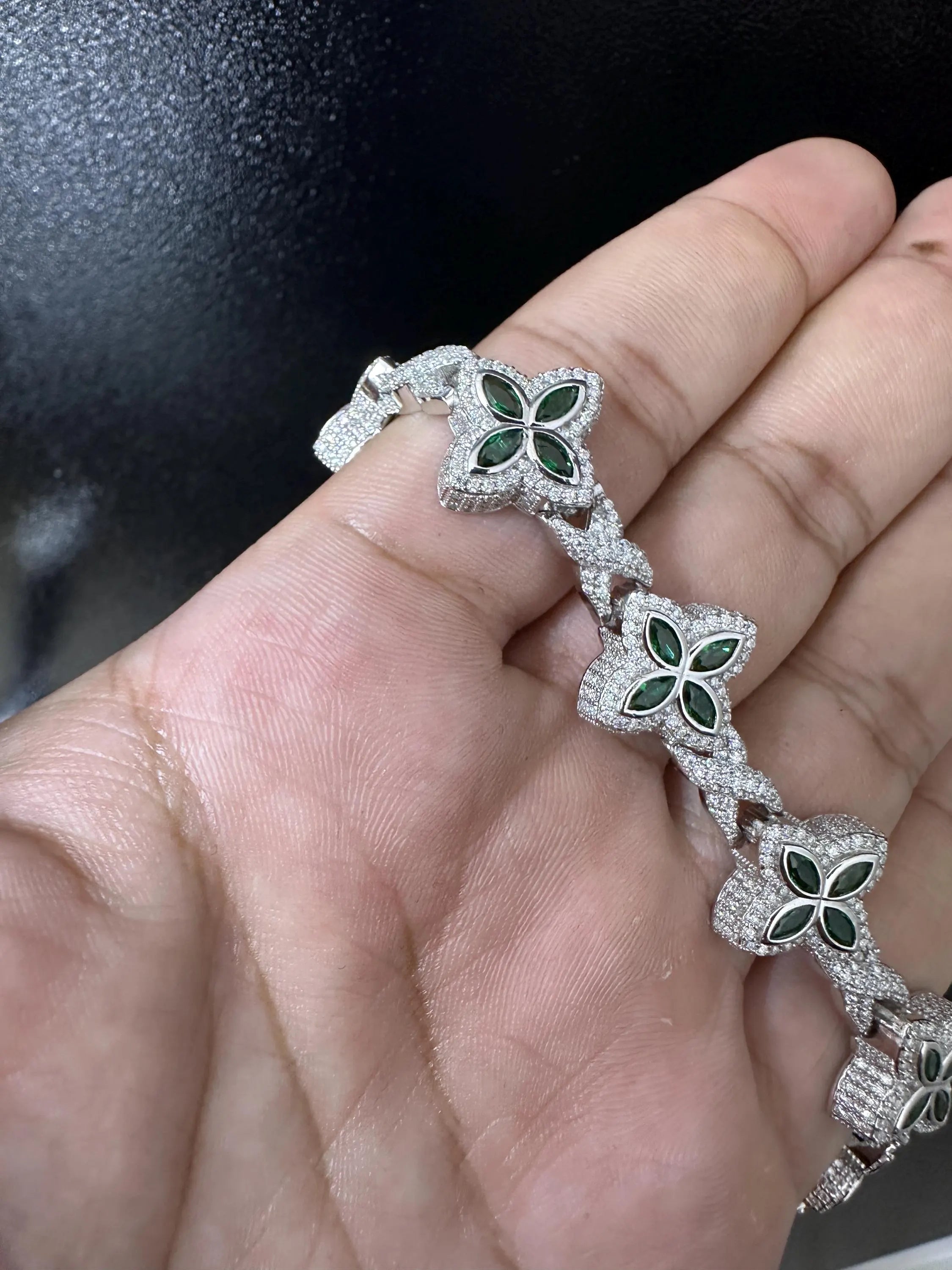 Iced Out Clover Bracelet | VVS Moissanite, Green Sapphire, Sterling Silver