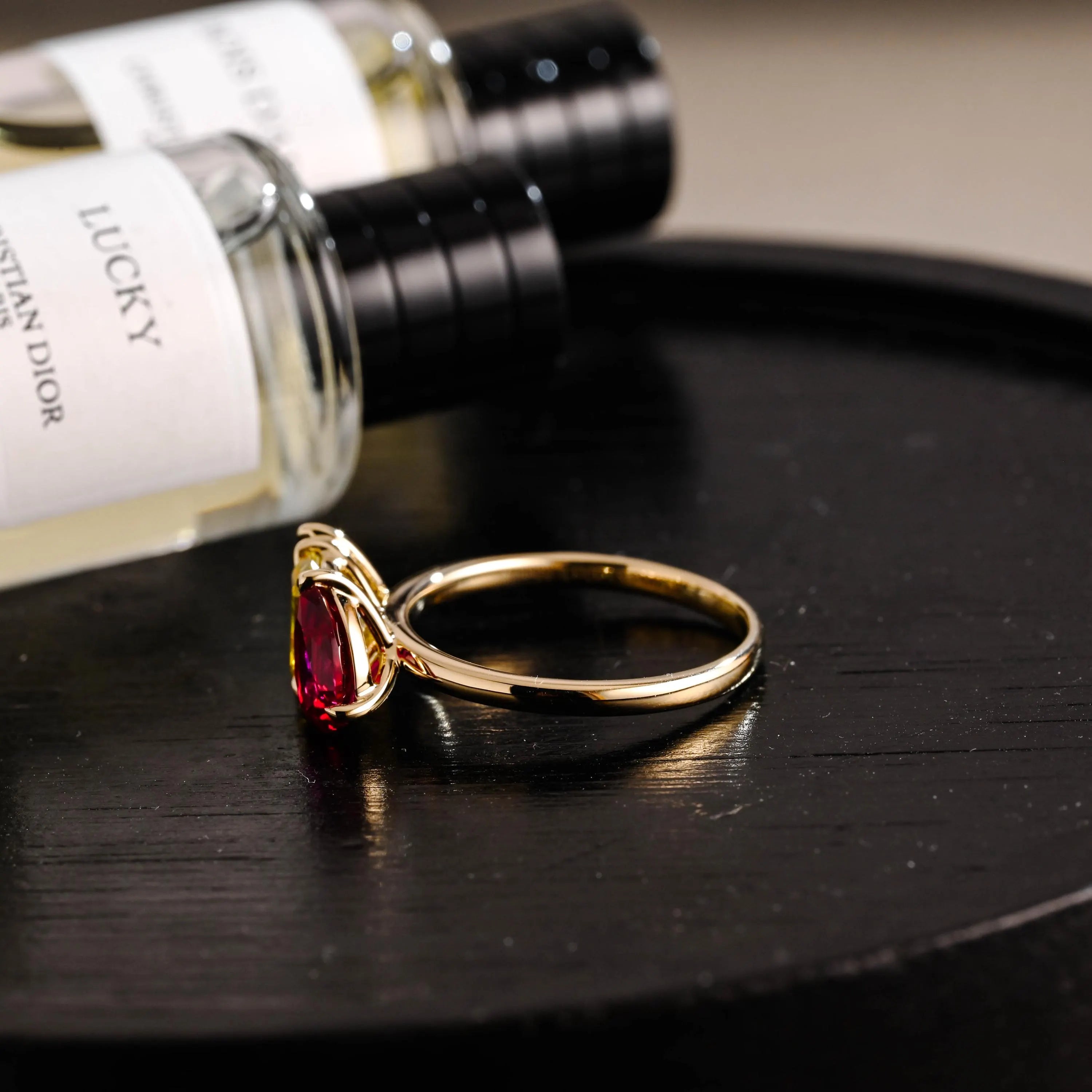 Solid Gold Pear Ruby & Emerald Cut Yellow Lab Grown Sapphire and Pear Blue Topaz Engagement Ring