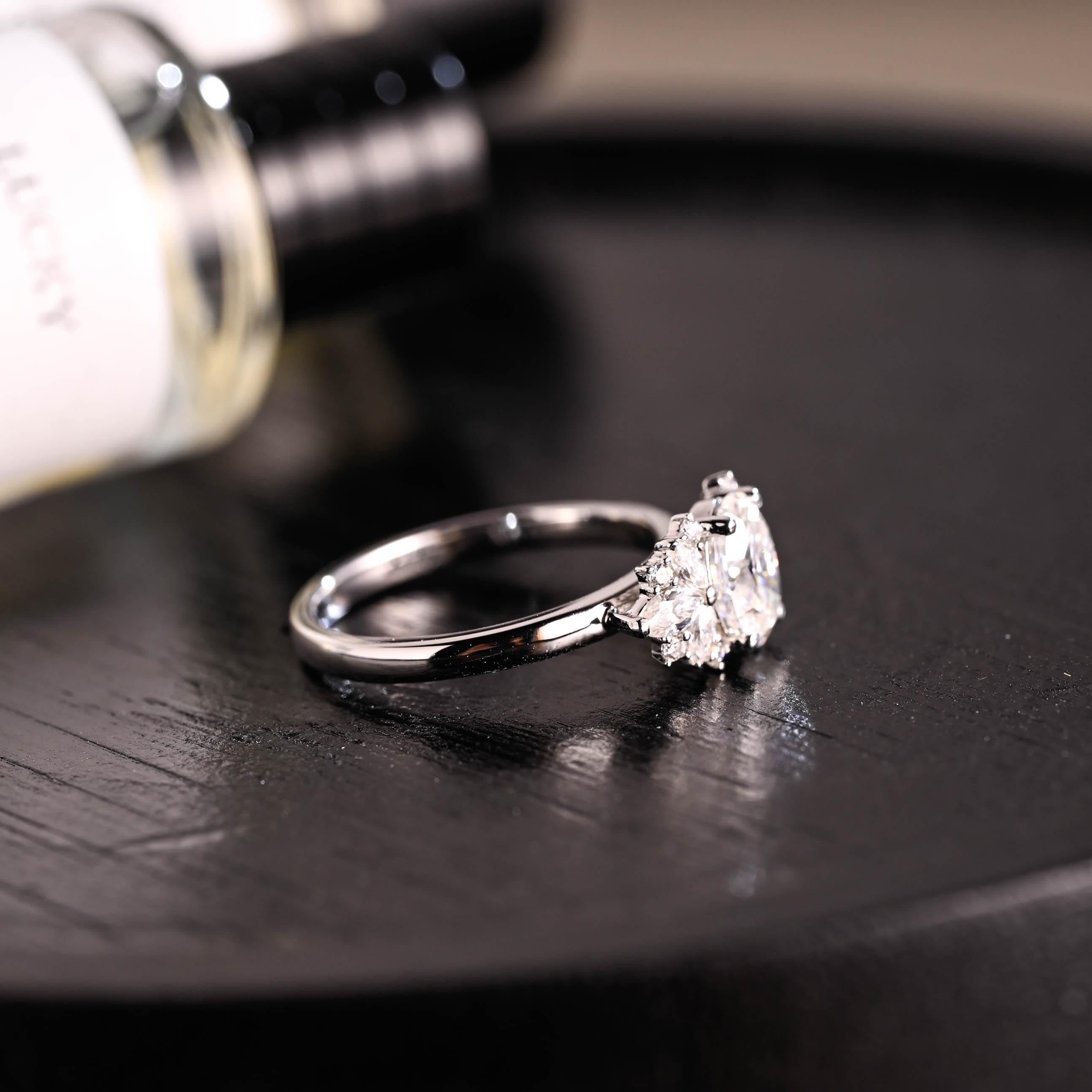 Solid Gold Side Cluster Oval Cut Moissanite Engagement Ring, High Profile Wedding Ring