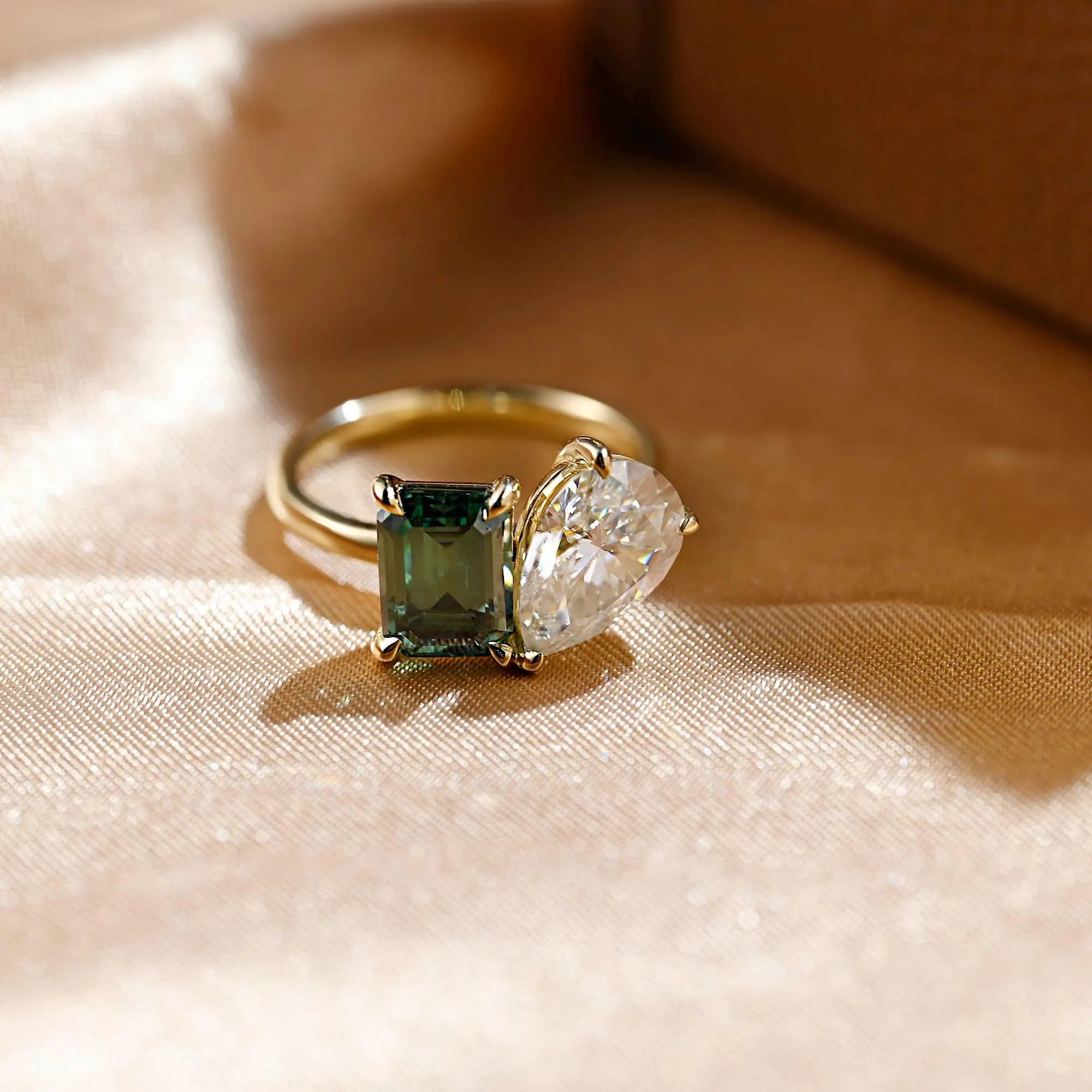 Solid Gold Pear Cut Toi et Moi Moissanite Engagement Ring, Green Moissanite Two Stone Ring