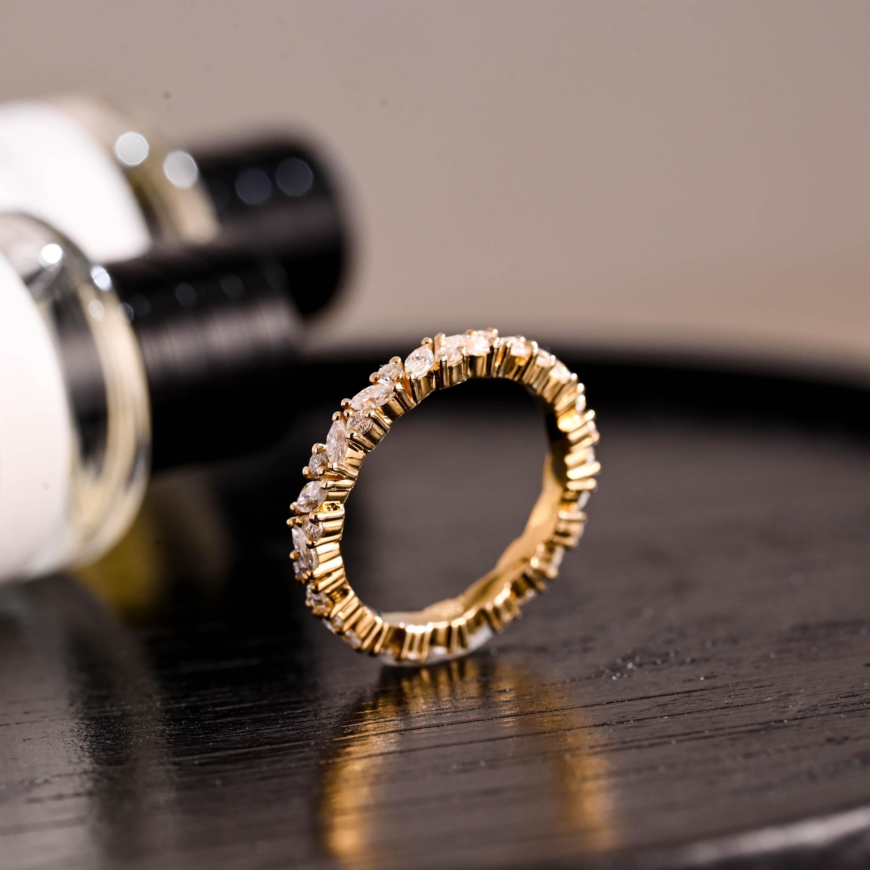 Solid Gold Full Eternity Marquise & Round Cut Moissanite Wedding Band