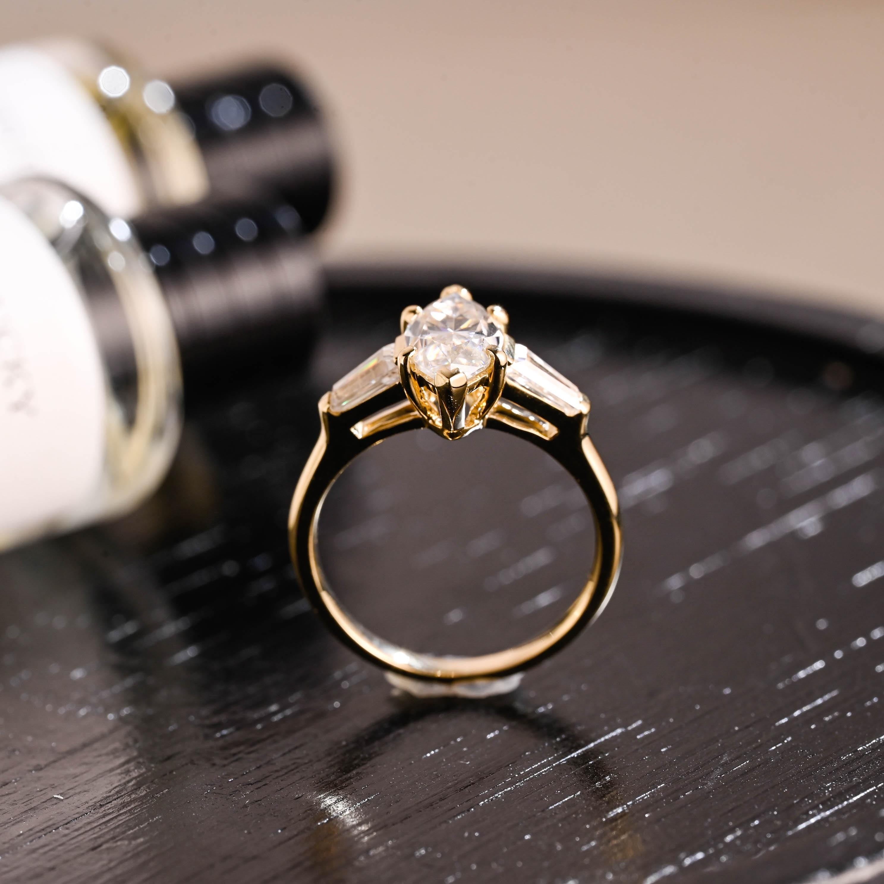Solid Gold Marquise Moissanite Three Stone Engagement Ring, Anniversary Ring