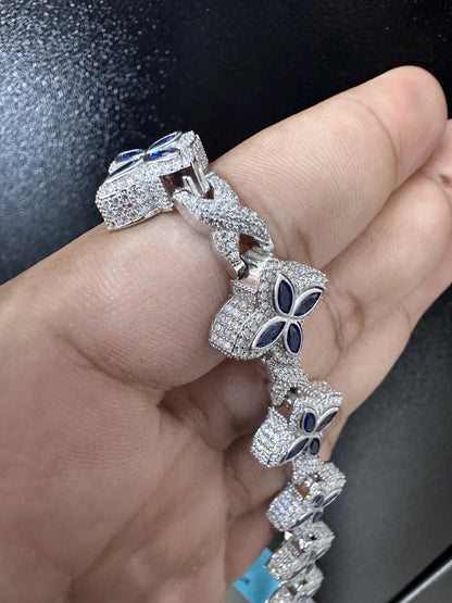 Iced Out Clover Bracelet | VVS Moissanite, Blue Sapphire, Sterling Silver