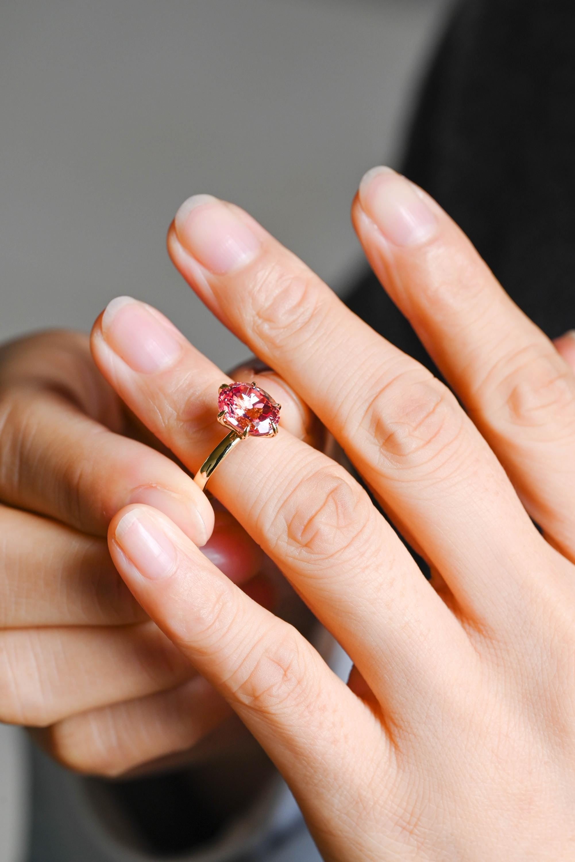 Solid Gold Oval Cut Lab Grown Pink Sapphire Engagement Ring, Nature Inspired Ring