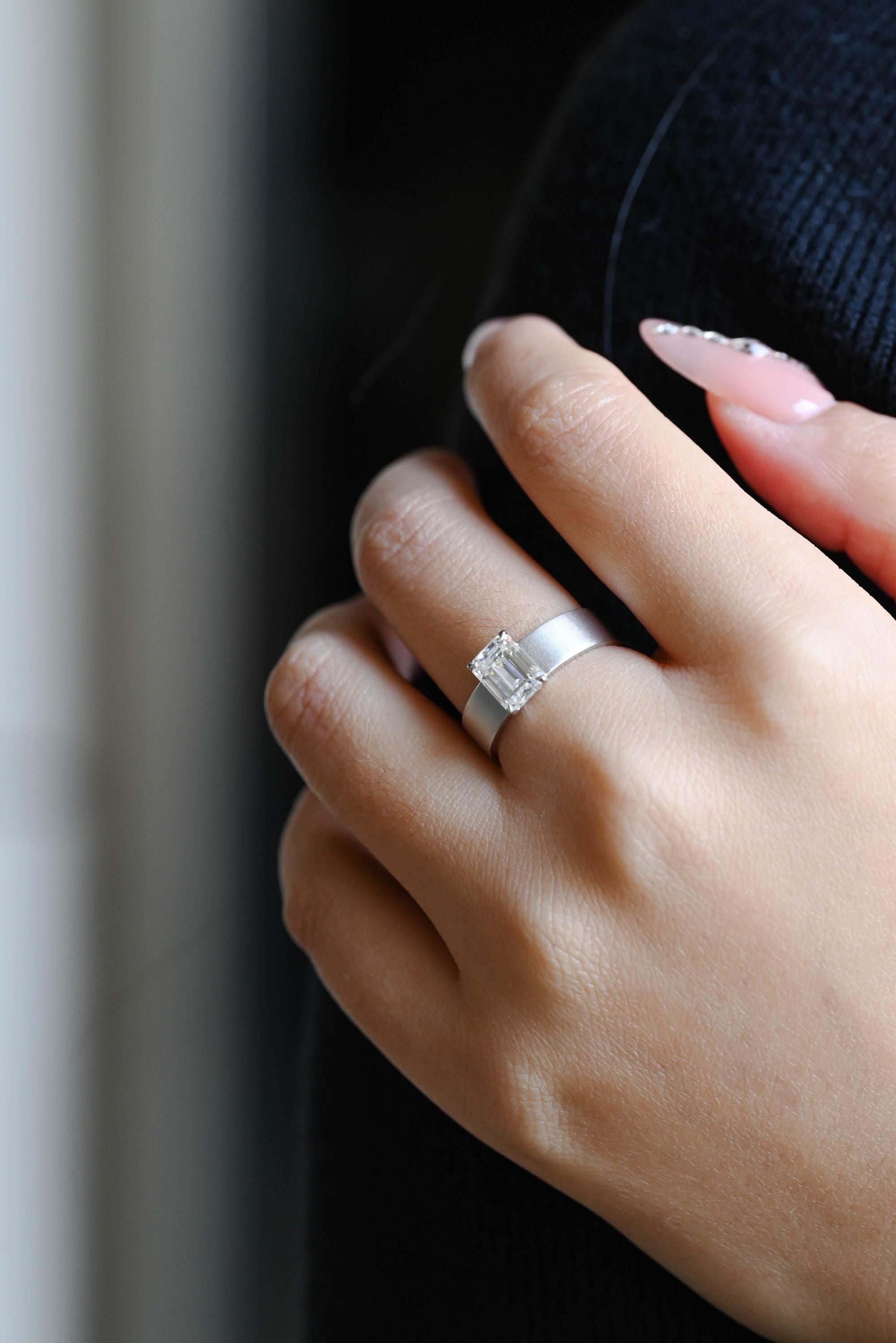 Solid Gold 5mm Matte Finish Solitaire Emerald Cut Moissanite Engagement Ring, Proposal Ring, Promise Ring, Wedding Ring, Gift for Women Wife