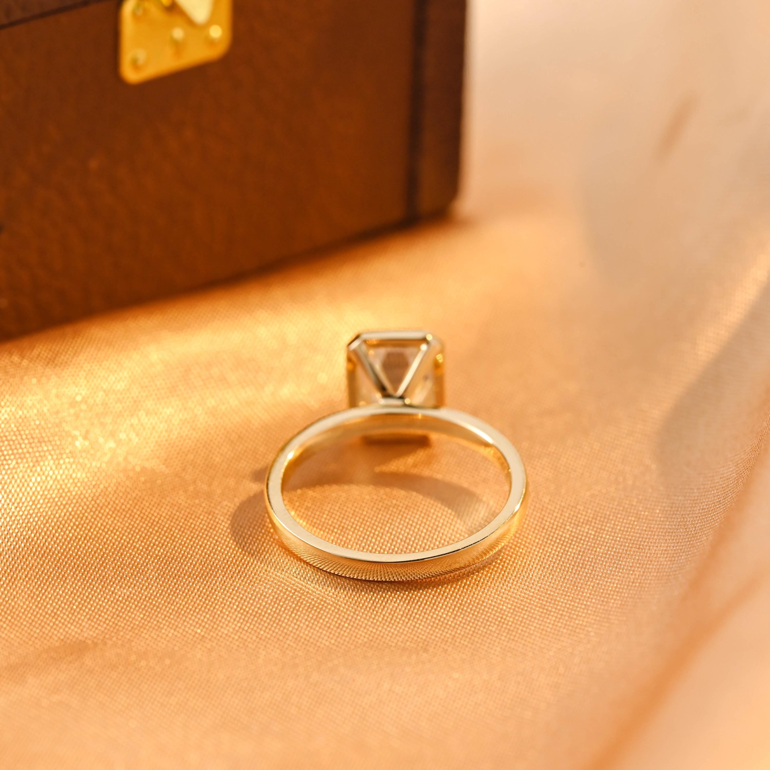 Solid Gold Solitaire Bezel Emerald Cut Moissanite Engagement Ring, Anniversary Ring for Women