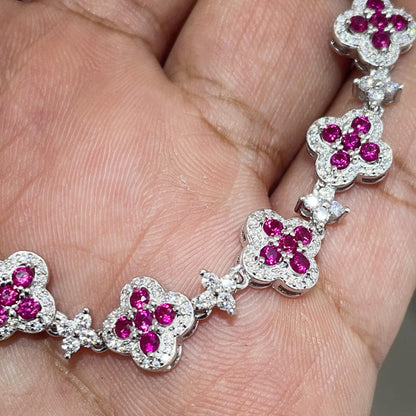 Clover Bracelet VVS Moissanite 925 Sterling Silver Passes Diamond Tester | Pink Accents