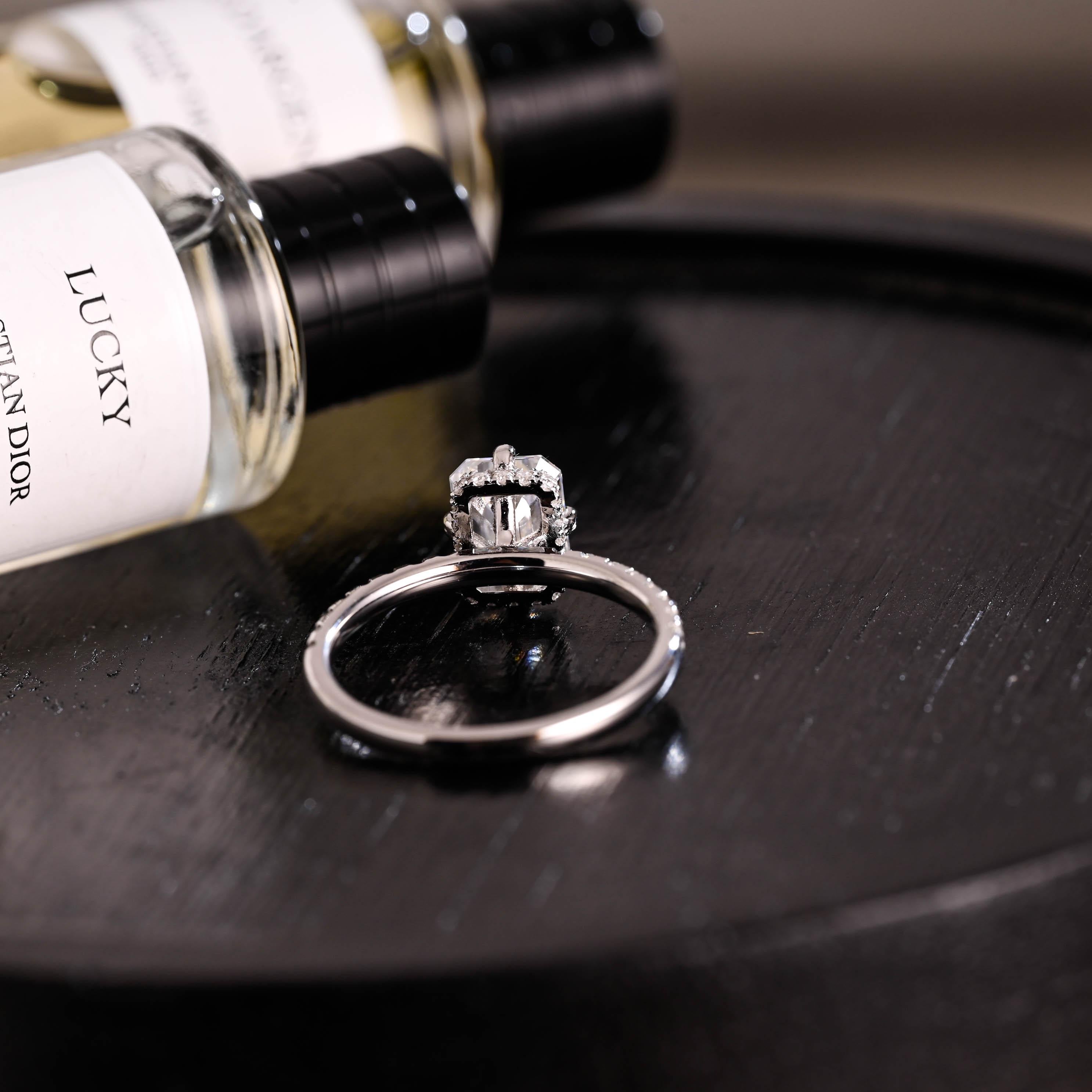 Solid Gold Hidden Halo Emerald Cut Moissanite Engagement Ring, Proposal Ring, Promise Ring, Wedding Ring, Anniversary Gift for Women Wife