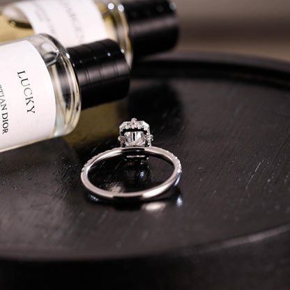 Solid Gold Hidden Halo Emerald Cut Moissanite Engagement Ring, Proposal Ring, Promise Ring, Wedding Ring, Anniversary Gift for Women Wife