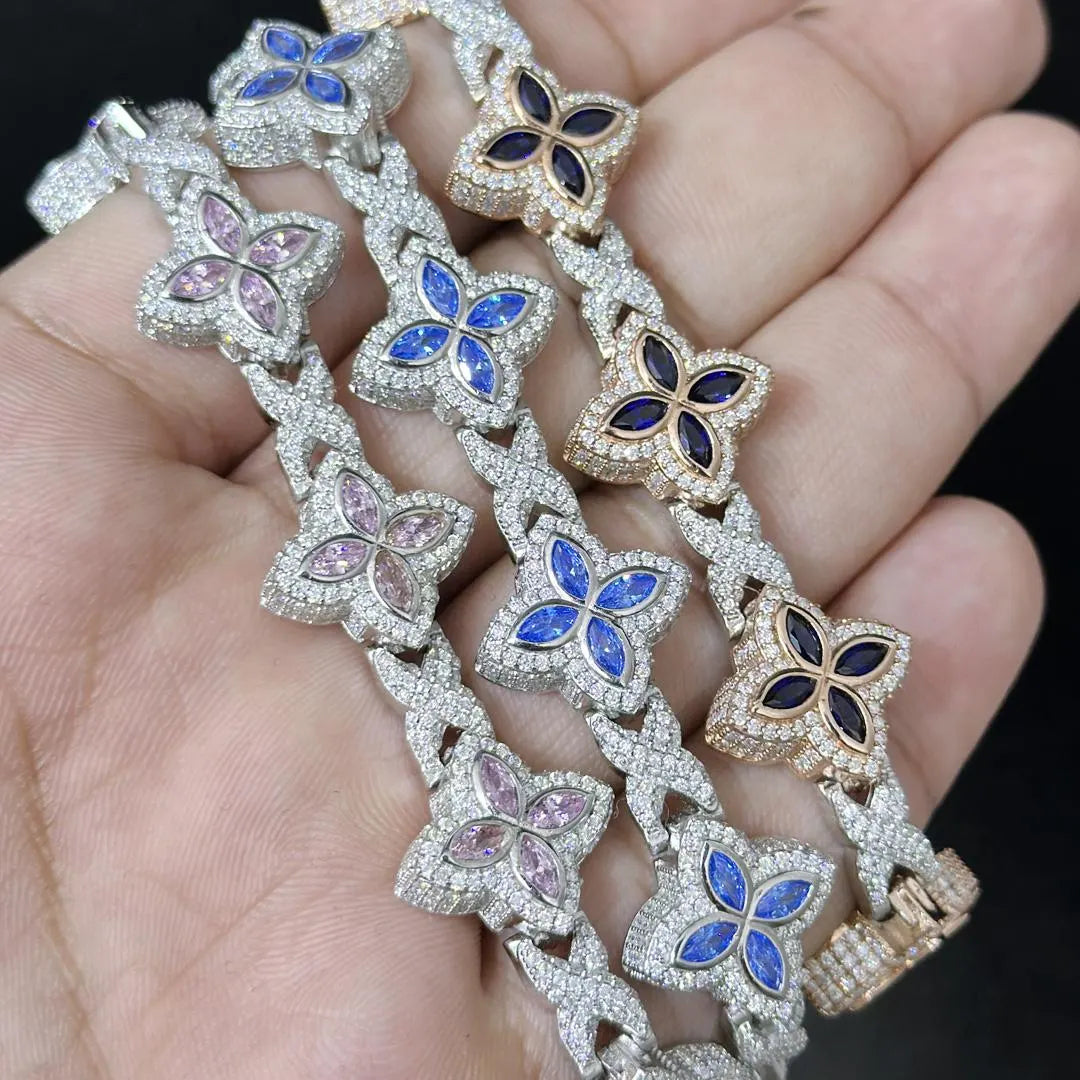 Iced Out Clover Bracelet: VVS Moissanite Diamond, Sterling Silver Link