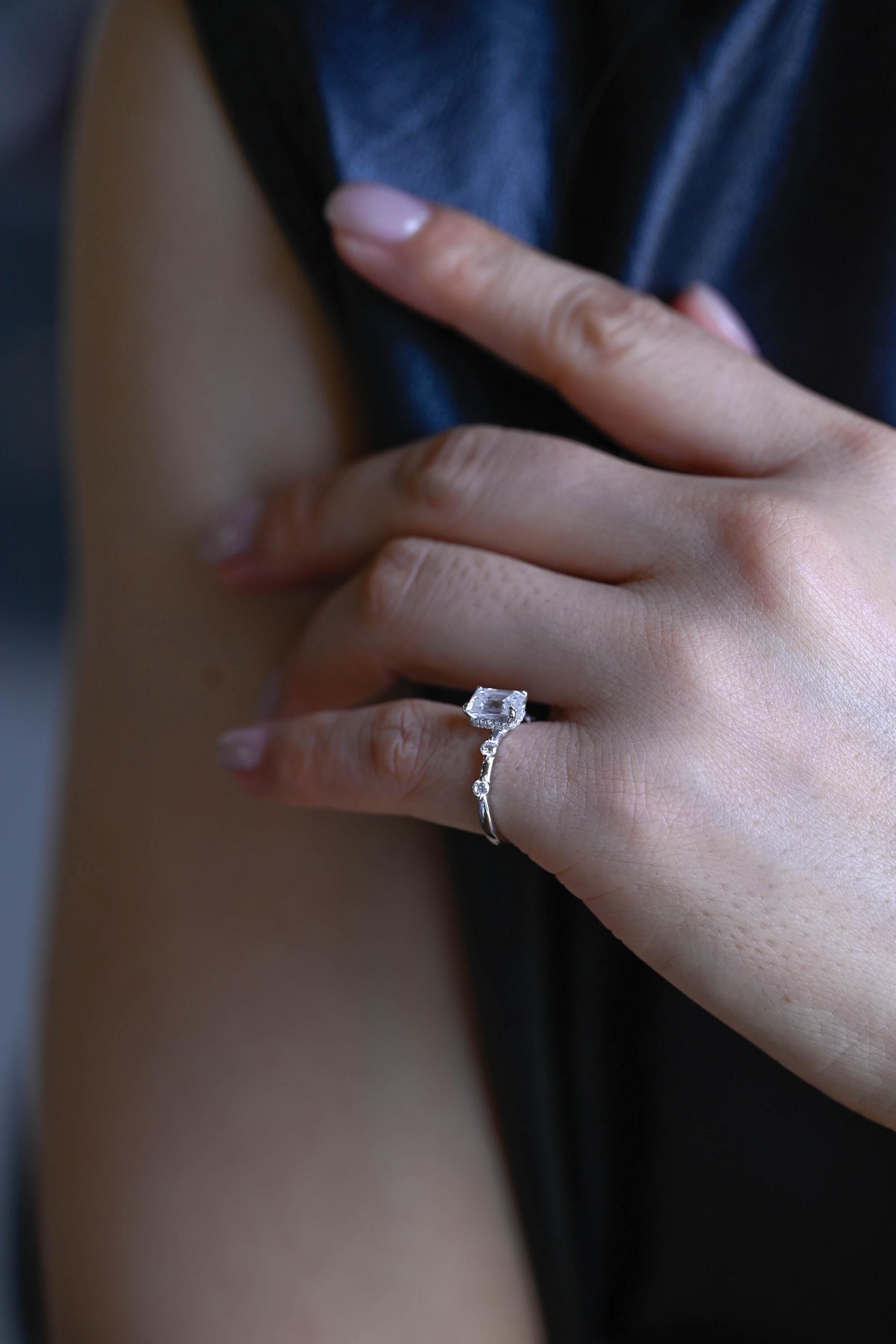 Solid Gold Hidden Halo Emerald Cut Moissanite Engagement Ring, Proposal Ring, Promise Ring, Wedding Ring, Anniversary Gift for Women Wife