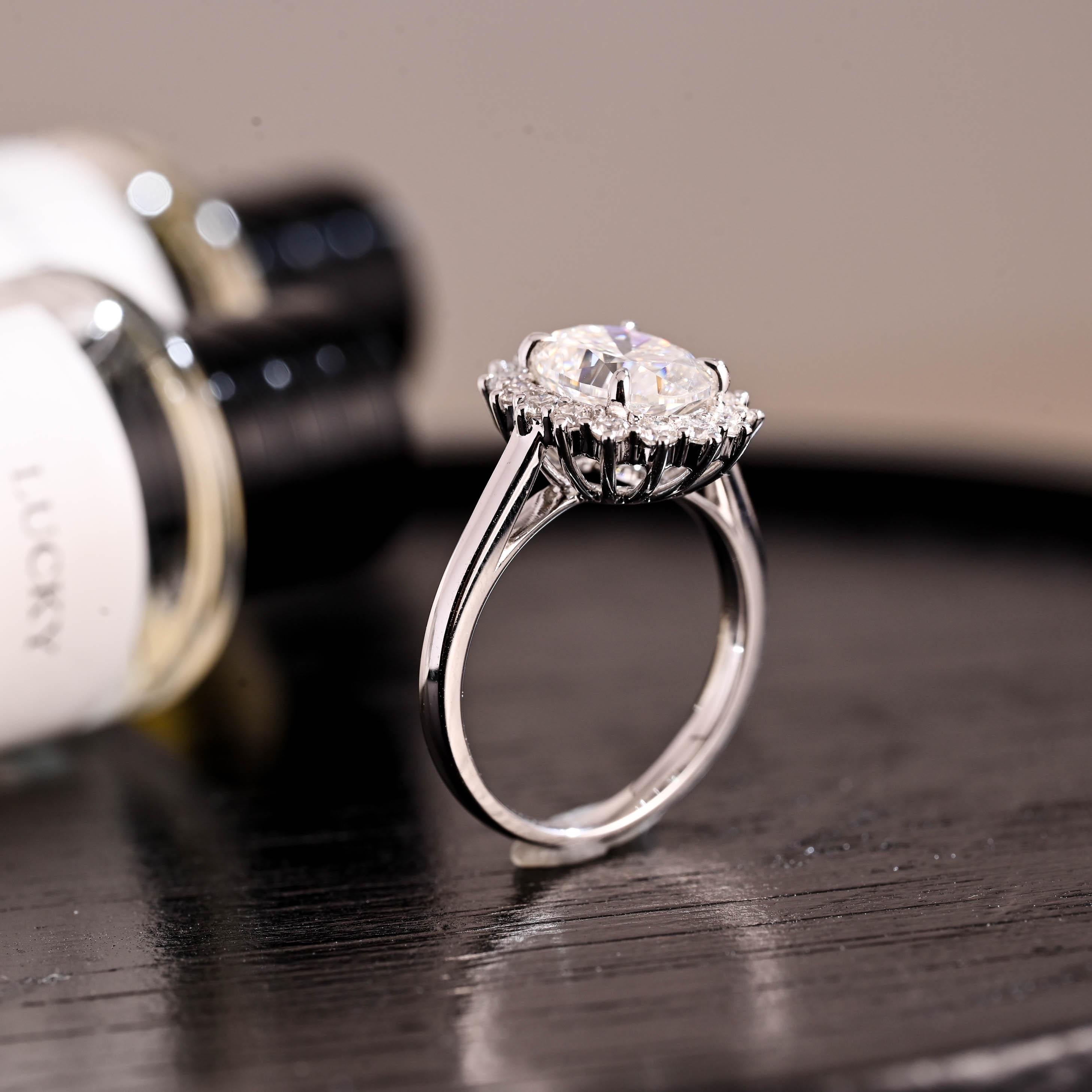 Solid Gold Starburst Oval Cut Moissanite Engagement Ring, Halo Wedding Ring