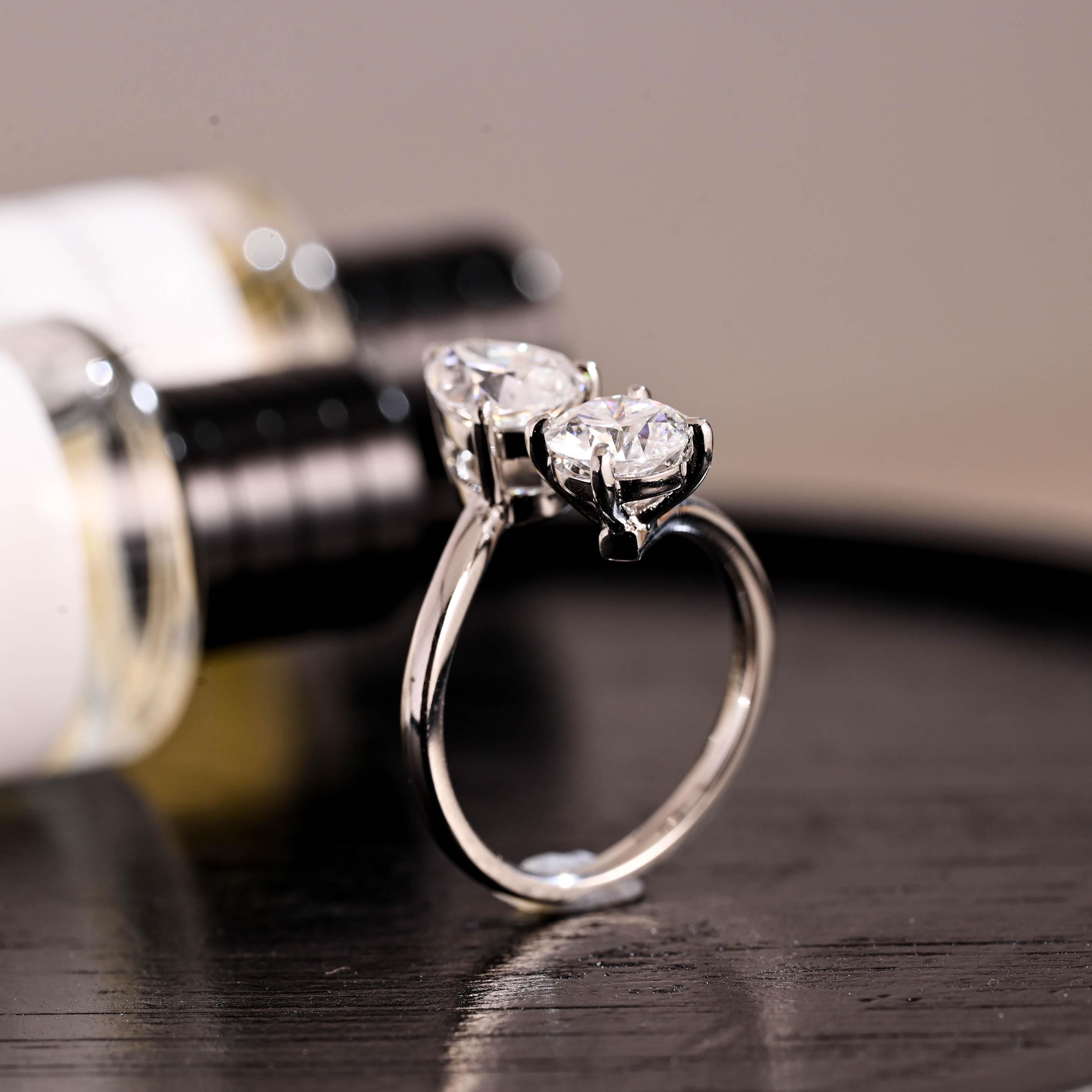 Toi et Moi Moissanite Engagement Ring, Round/Pear Cut Moissanite Solid Gold Ring, Two-Stone Wedding Ring