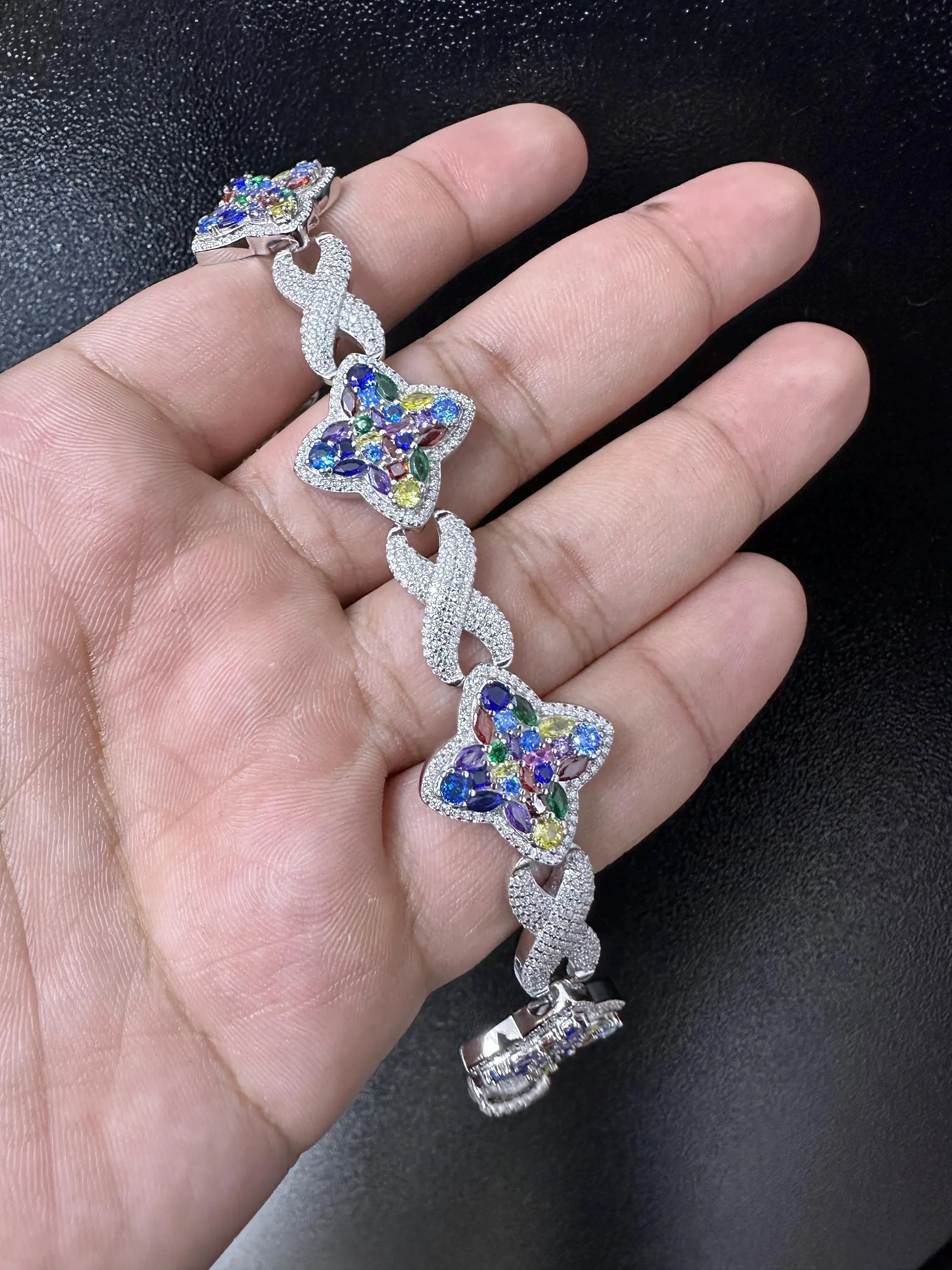 Iced Out Moissanite Bracelet 8.82CTW VVS D Color 925 Sterling Silver Colored Gemstone Sapphire Custom Made Iced Out Handmade Bracelet Clover