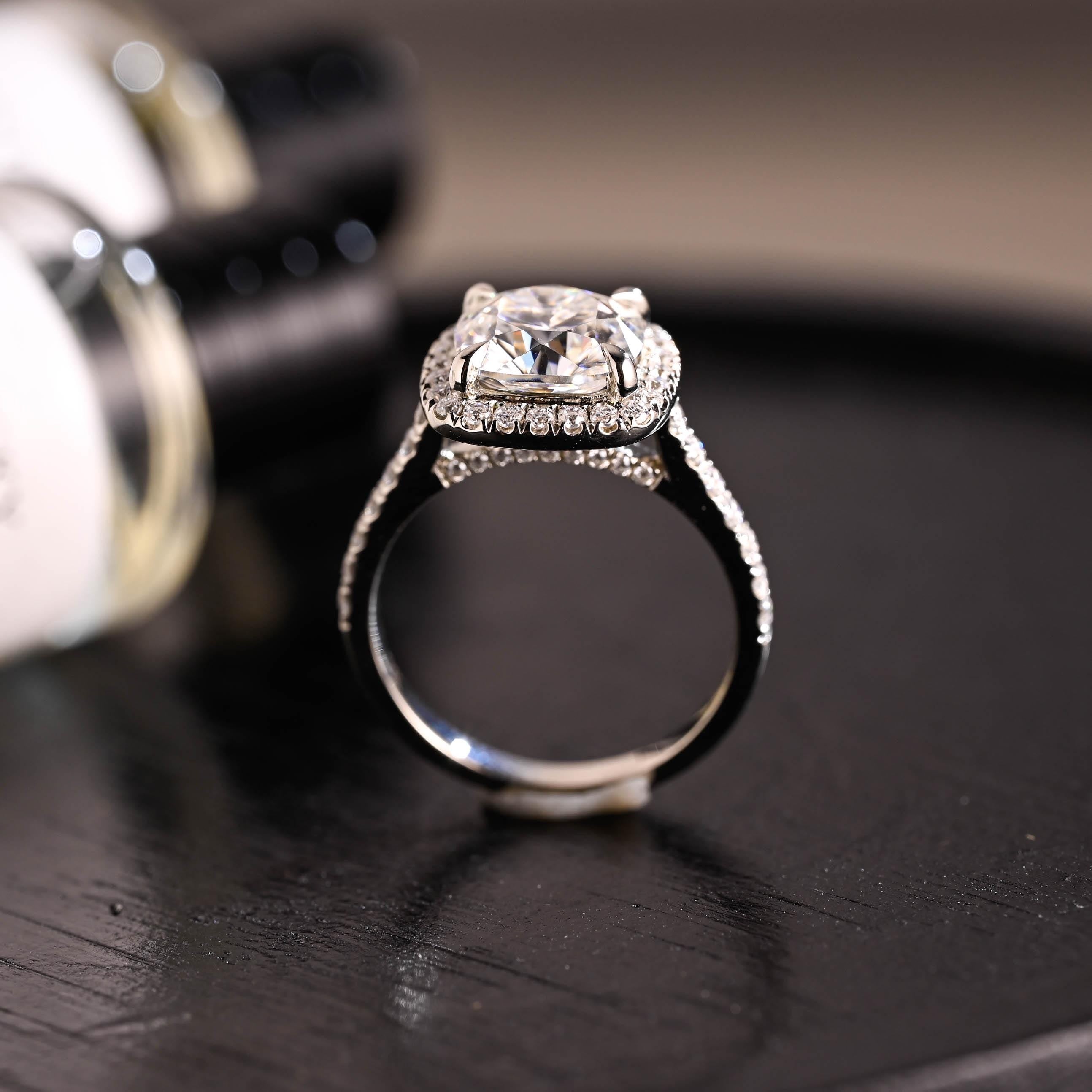 Solid Gold Cushion Cut Moissanite Engagement Ring, Halo Cushion Cut Wedding Ring, Half Pave Anniversary Ring, Bridge Halo Moissanite Ring