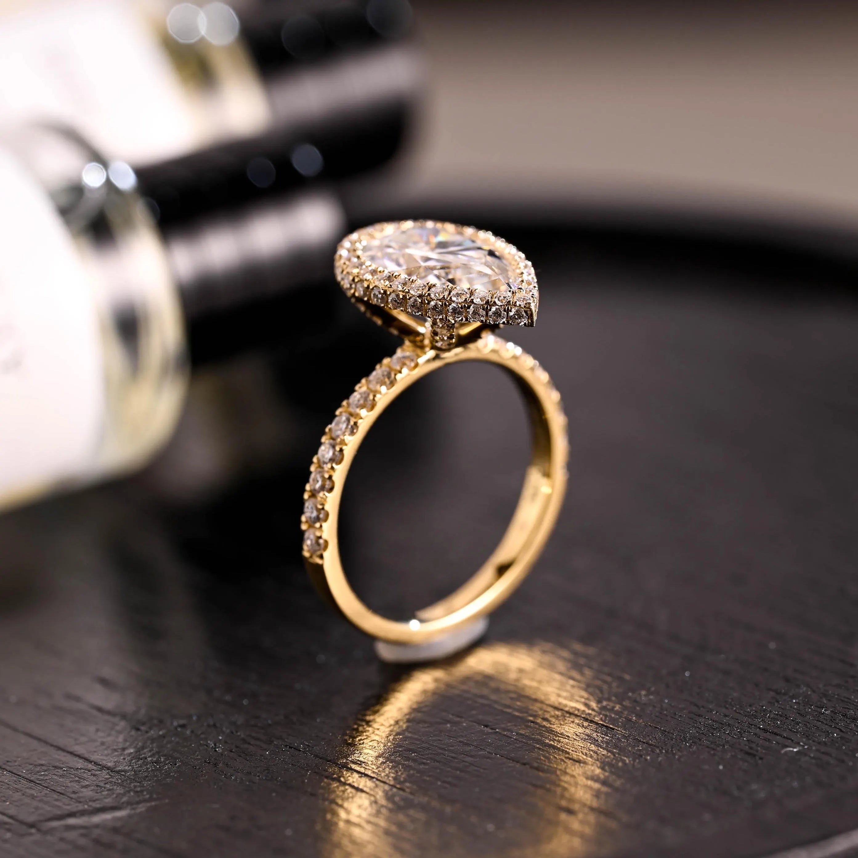 Prong Pave Pear Cut Moissanite Engagement Ring, Solid Gold Halo Pear Moissanite Wedding Ring