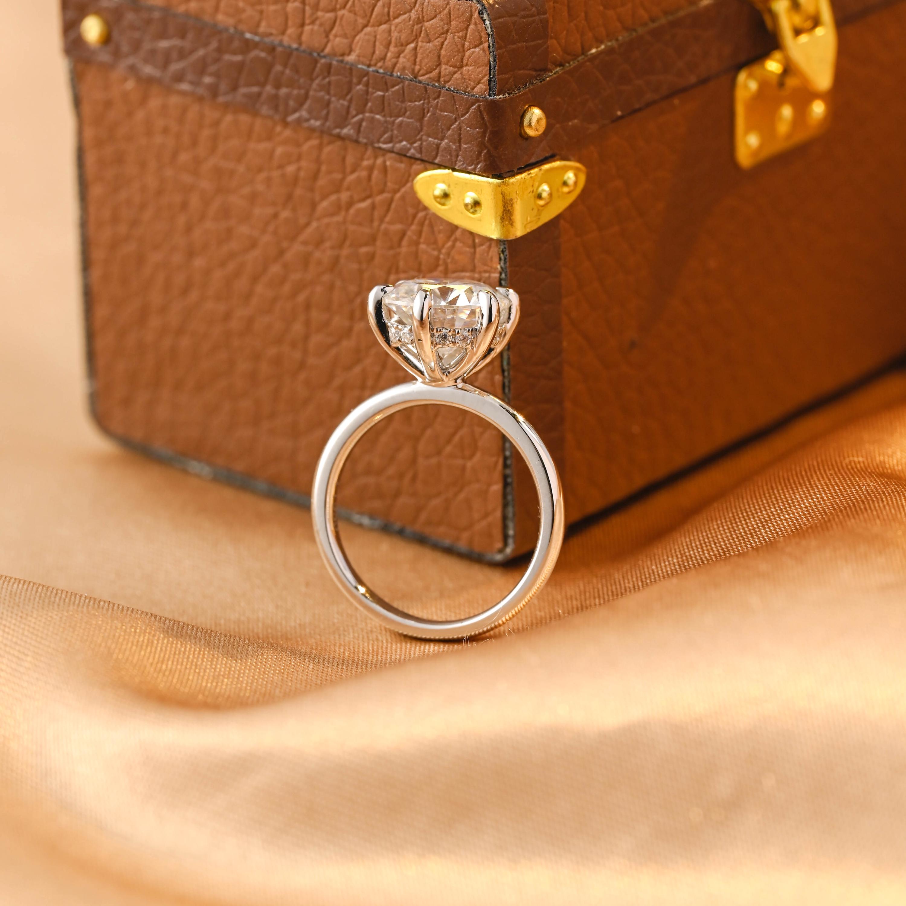 Hidden Halo Round Cut Moissanite Engagement Ring, Solid Gold Classic 6 Prongs Anniversary Ring