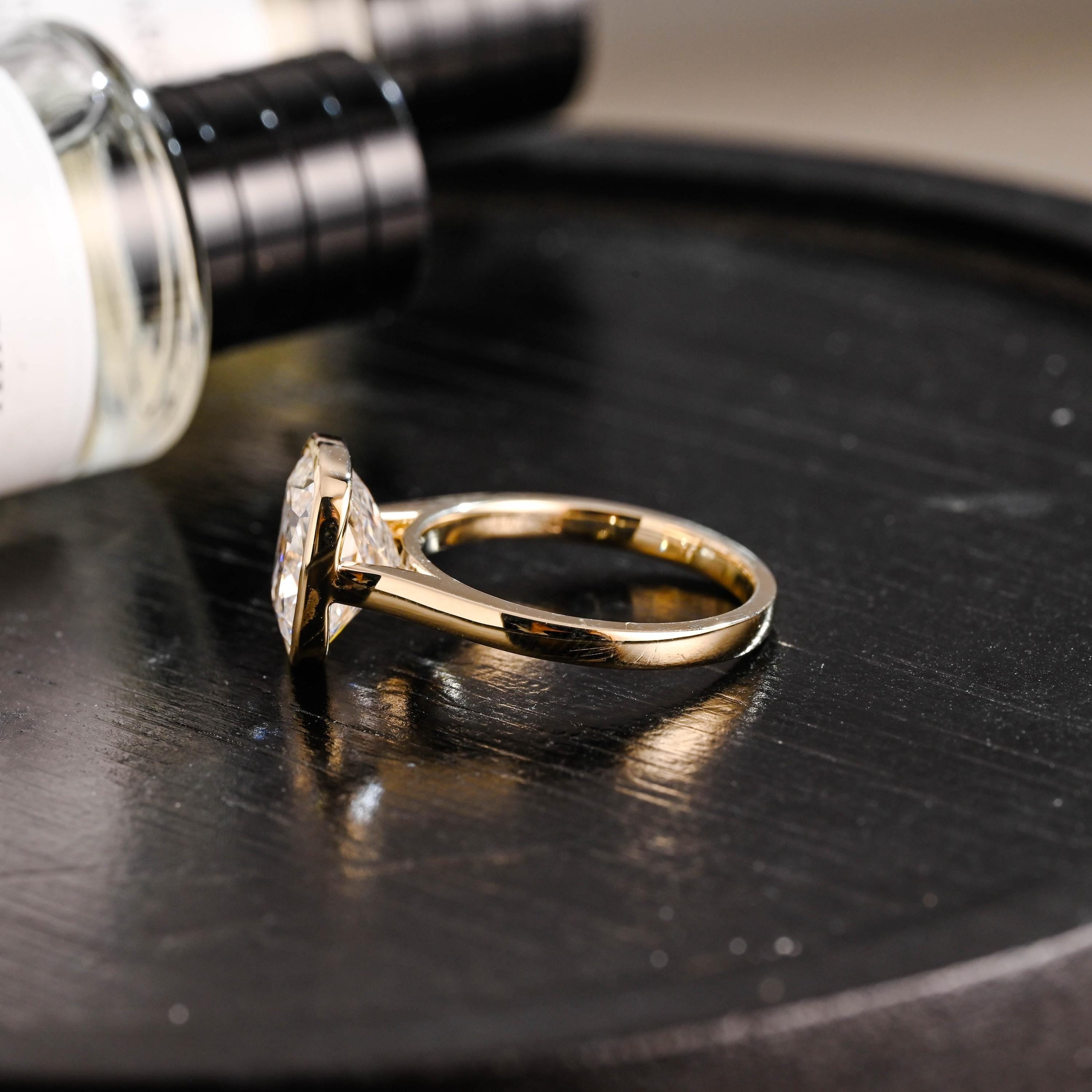Solid Gold Bezel Elongated Cushion Cut Moissanite Engagement Ring, Proposal Ring, Promise Ring