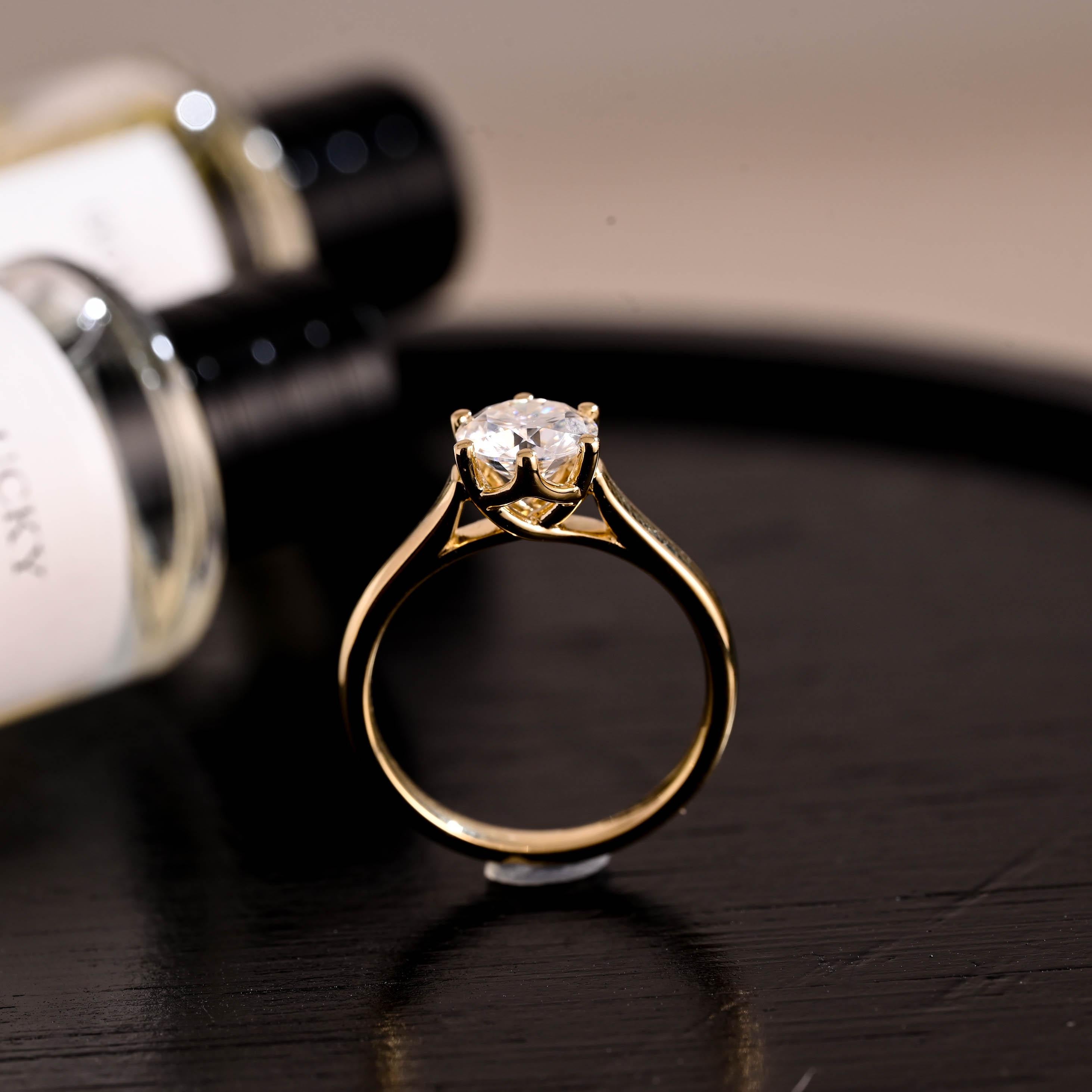 Solid Gold Floral Cathedral Setting Round Cut Moissanite Engagement Ring, Solitaire Round Cut Wedding Ring