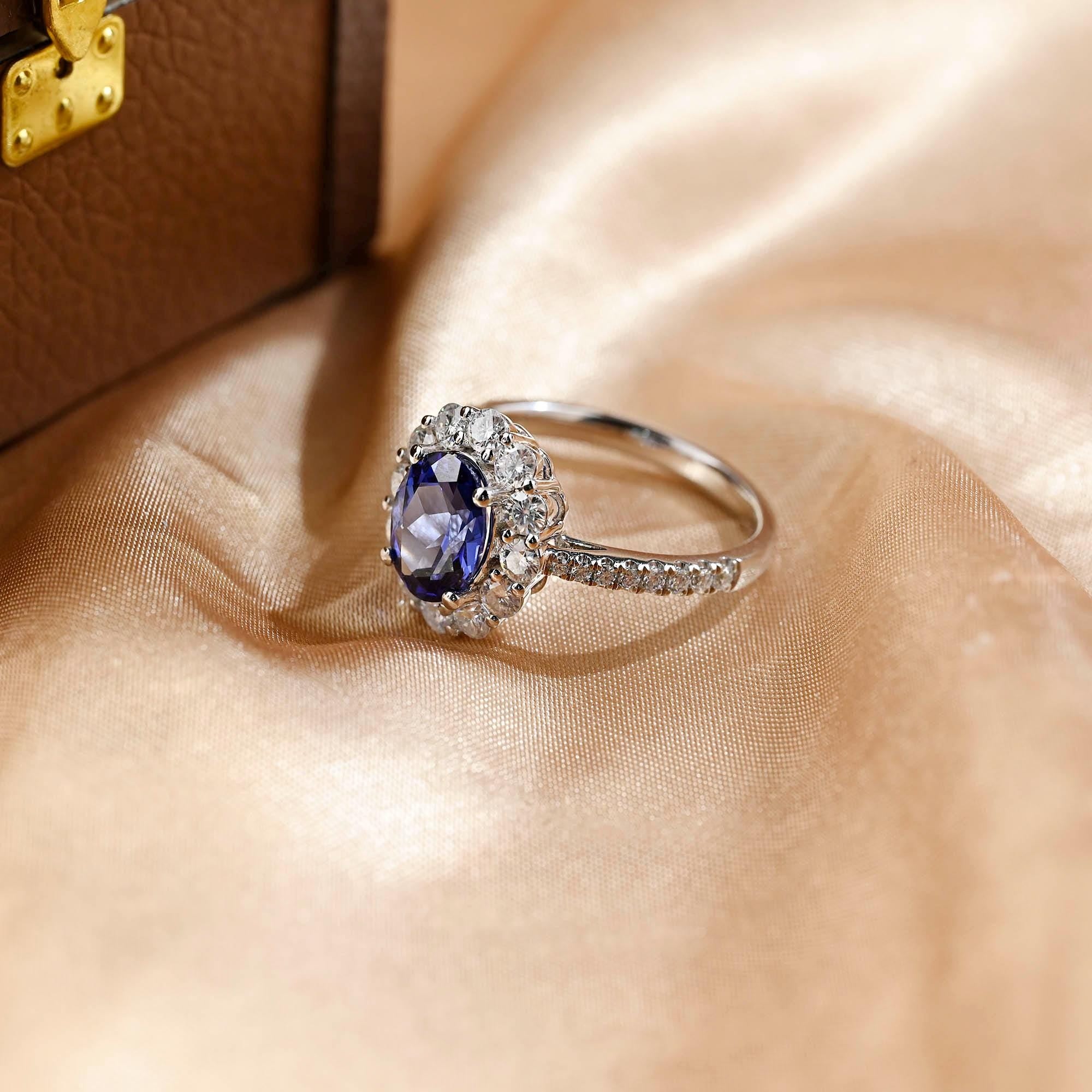 Solid Gold Oval Cut Lab Grown Sapphire Engagement Ring, Halo Wedding Ring