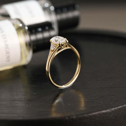 Solid Gold Three Stone Oval Moissanite Engagement Ring, Anniversary Gift Birthday Gift for Women