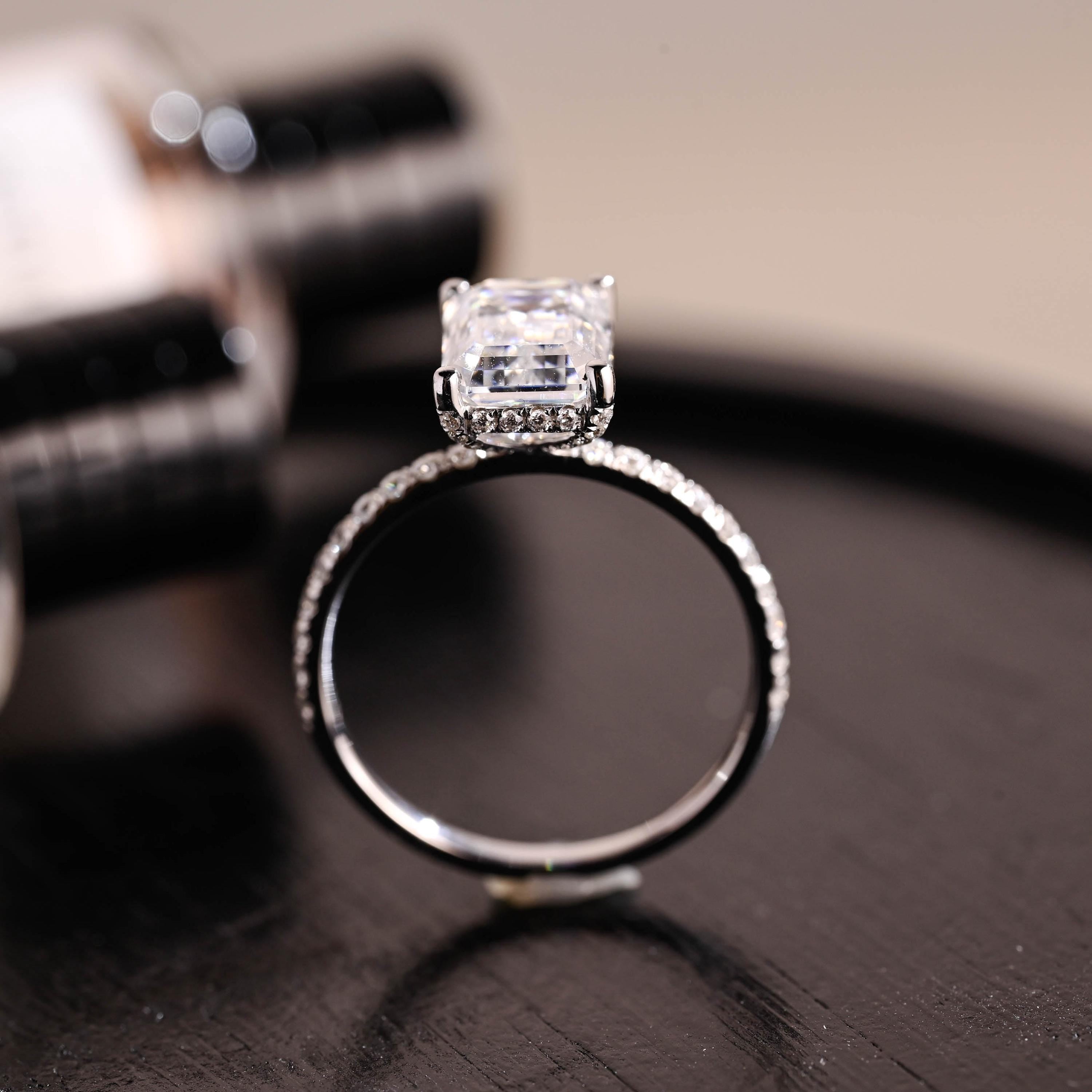 Prong Pave Emerald Cut Moissanite Engagement Ring, Solid Gold Hidden Halo Pave Emerald Cut Moissanite Wedding Ring, Anniversary Ring Gift