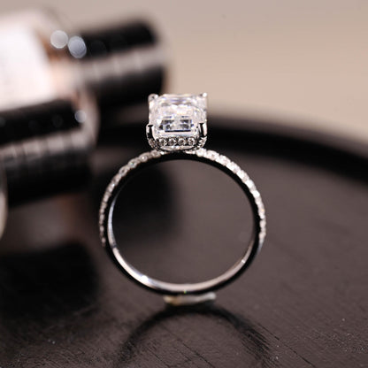 Prong Pave Emerald Cut Moissanite Engagement Ring, Solid Gold Hidden Halo Pave Emerald Cut Moissanite Wedding Ring, Anniversary Ring Gift