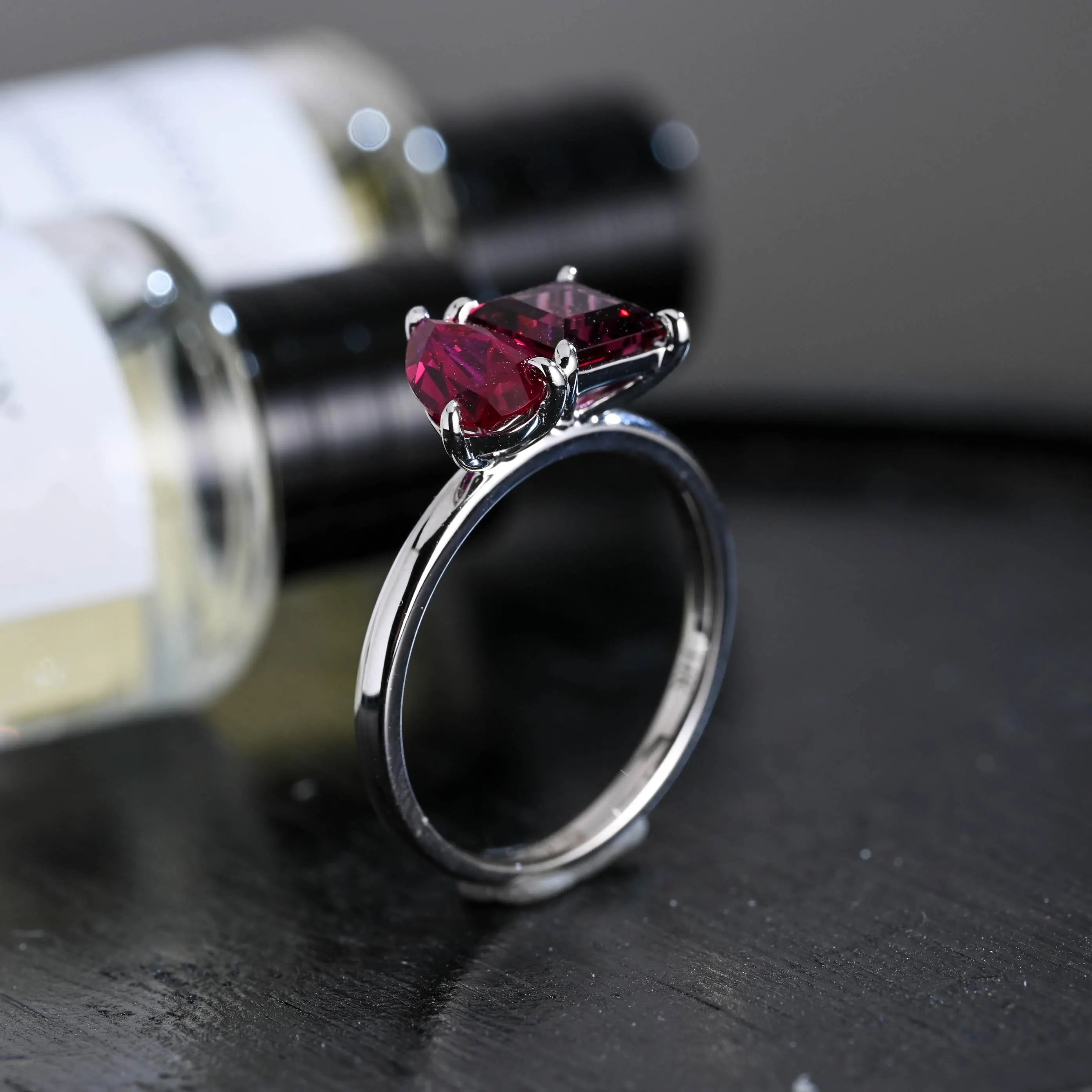 Solid Gold Toi et Moi Princess Garnet & Pear Ruby Engagement Ring, Two Stone Promise Ring
