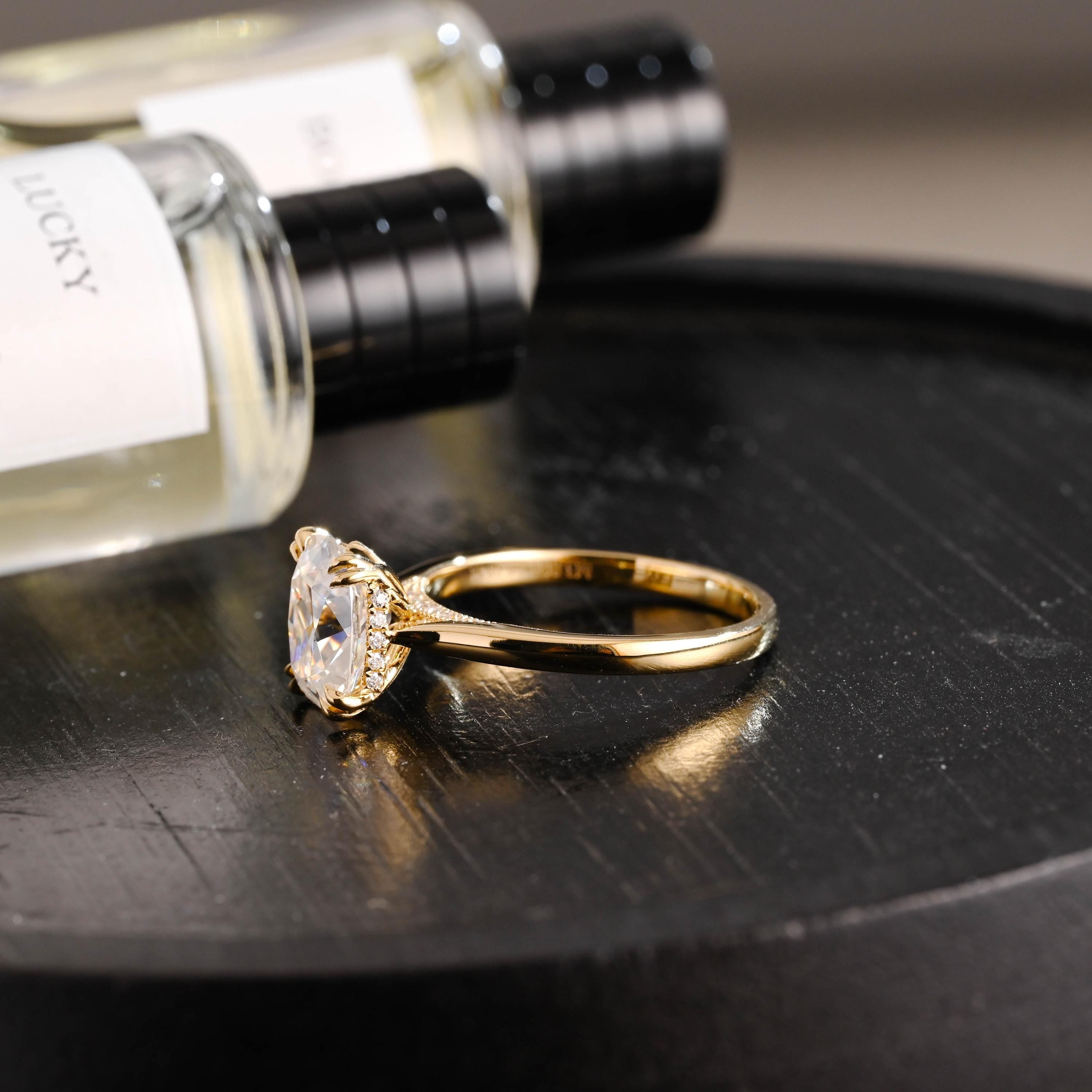 Hidden Halo Elongated Cushion Moissanite Engagement Ring, Solid Gold Proposal Ring, Promise Ring, Wedding Ring, Anniversary Gift for Women