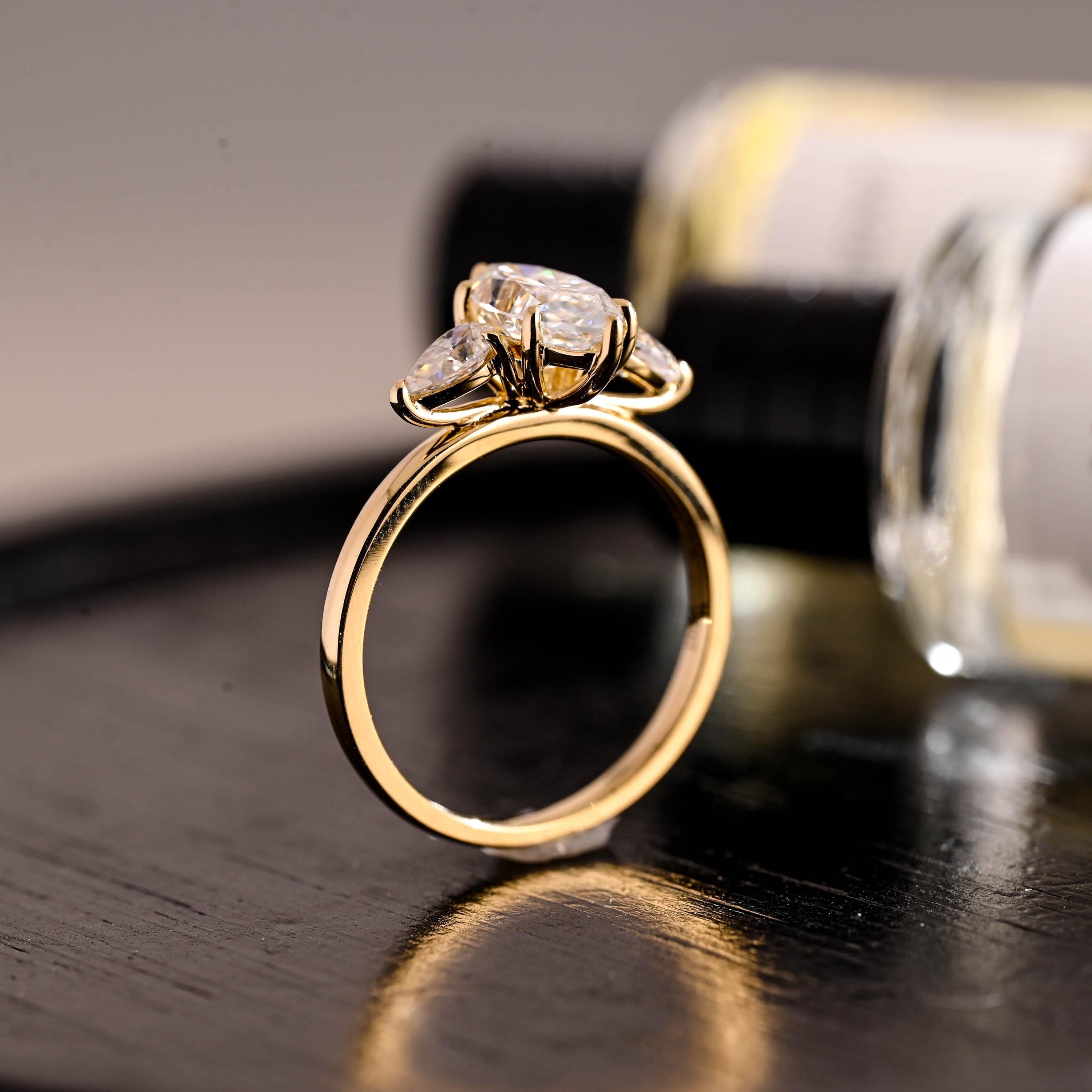 Three Stone Marquise Moissanite Ring, Solid Gold Wedding Anniversary Ring