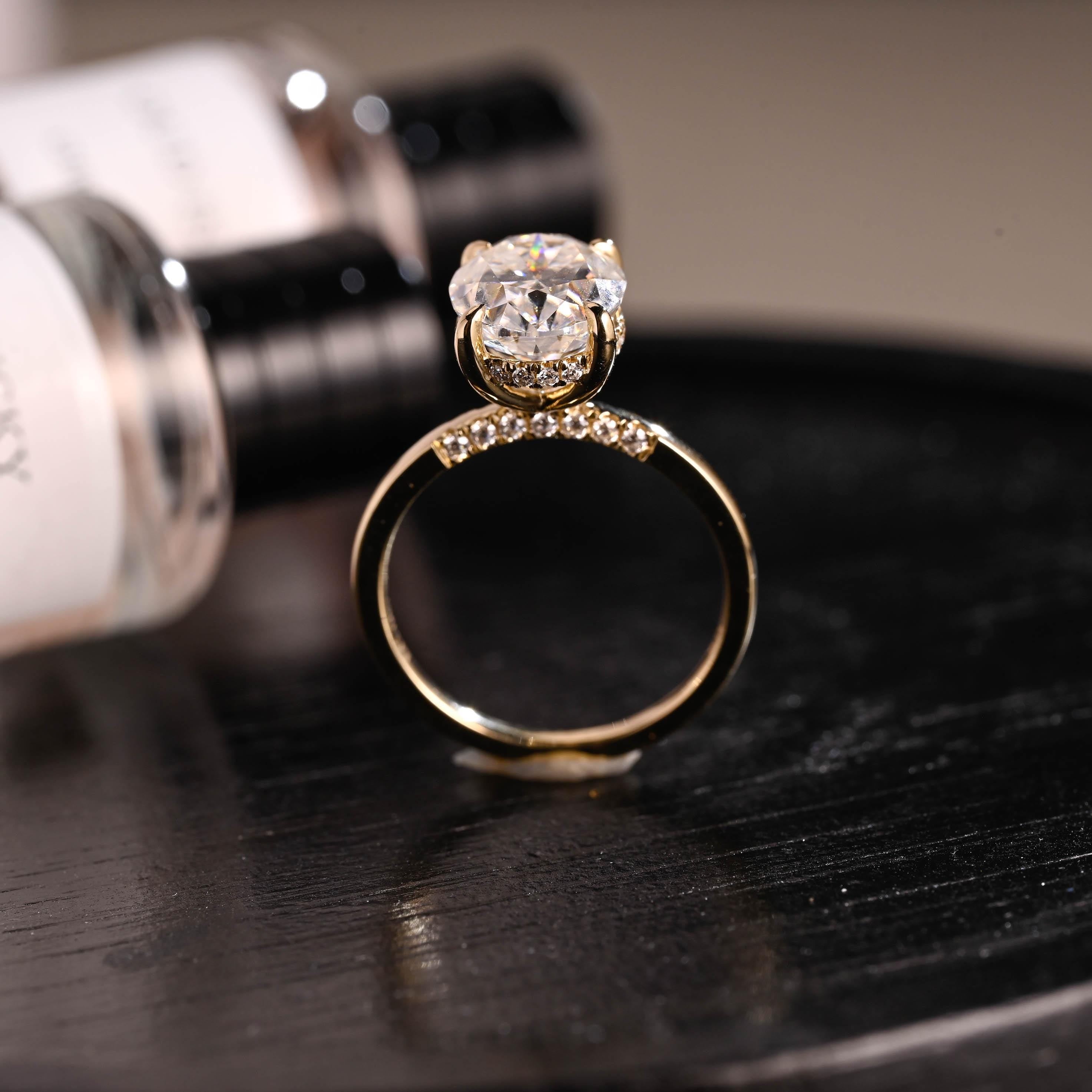 Solid Gold Hidden Halo Oval Cut Moissanite Engagement Ring, Anniversary Ring for Her