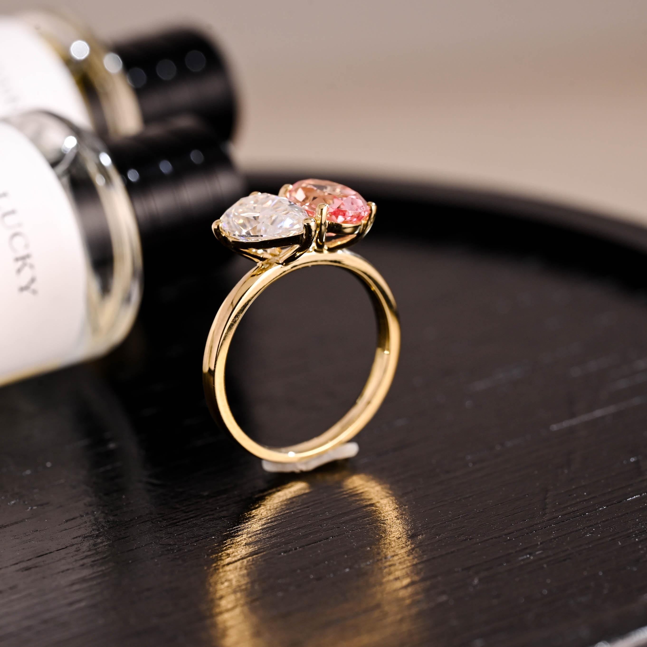 Lab Grown Pink Sapphire Oval Cut Toi et Moi Ring, Solid Gold Memorial Two Stone Engagement Ring