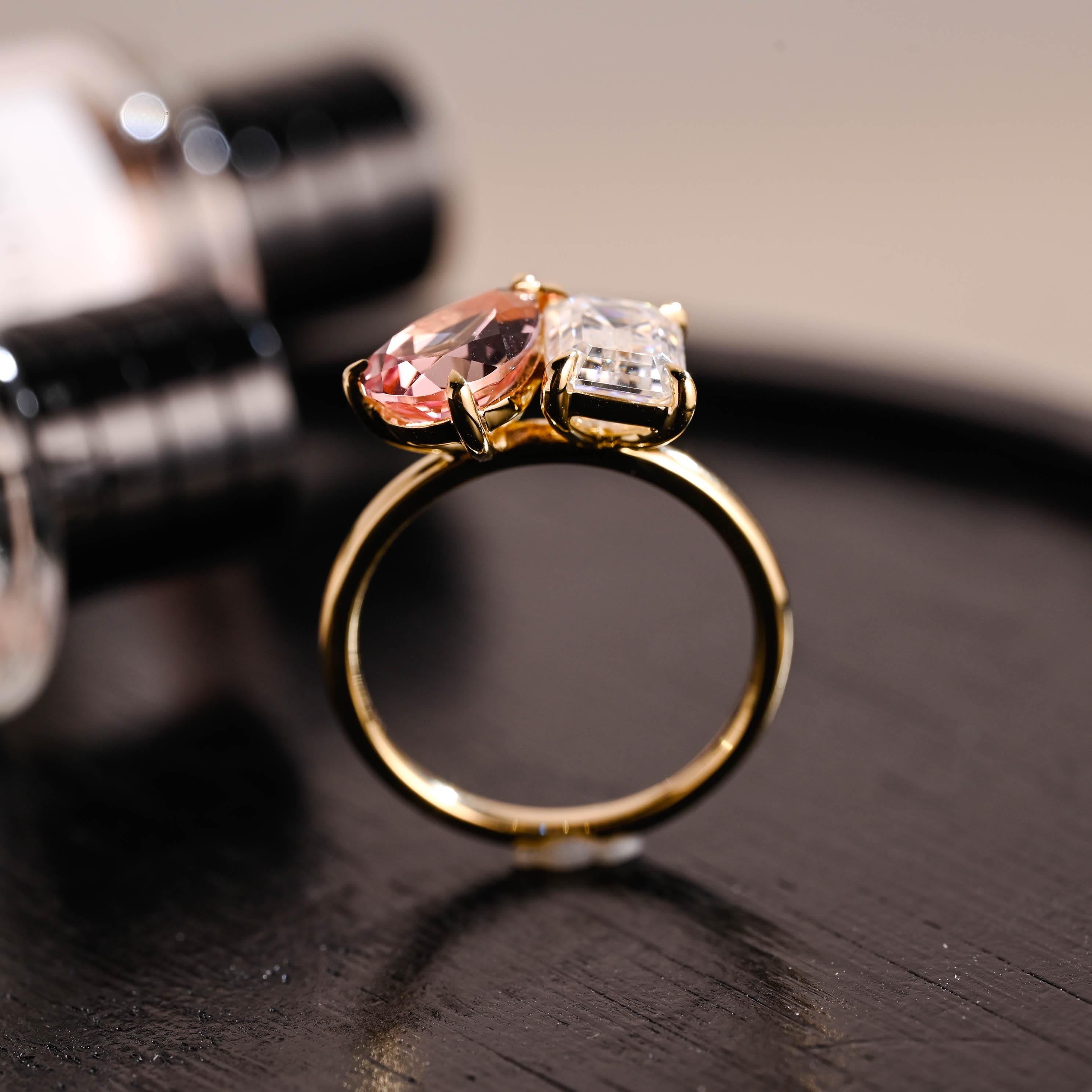 Solid Gold Pear Cut Lab Grown Pink Sapphire Toi et Moi Ring, Memorial Two Stone Engagement Ring