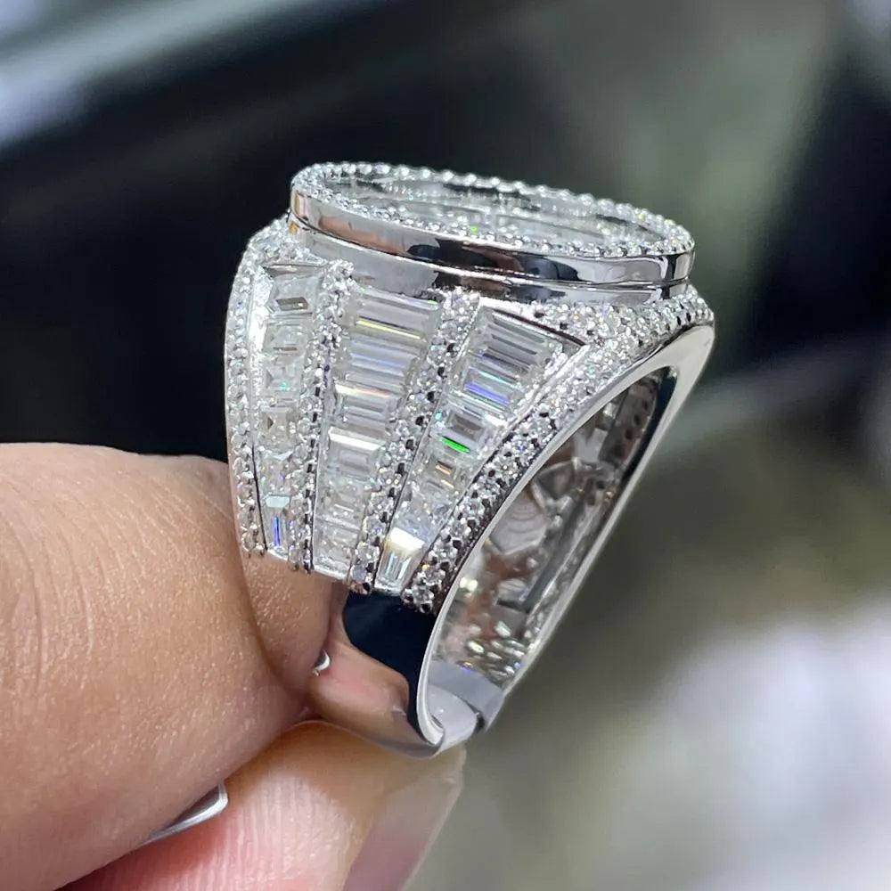 Iced Out Heart Moissanite Ring: Unisex 14K Gold Plated Sterling Silver Baguette Round Hip Hop Moissanite Ring
