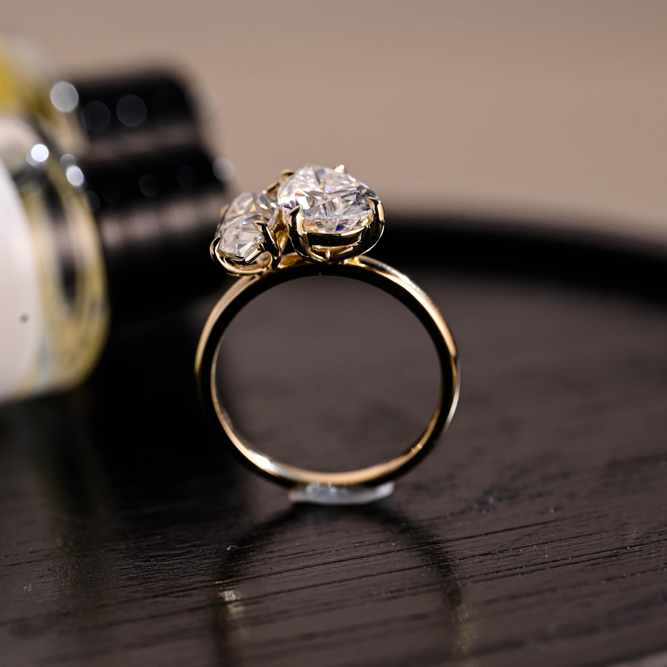 Toi et Moi Moissanite Engagement Ring, Marquise/Pear Cut Moissanite Solid Gold Ring, Two-Stone Wedding Ring