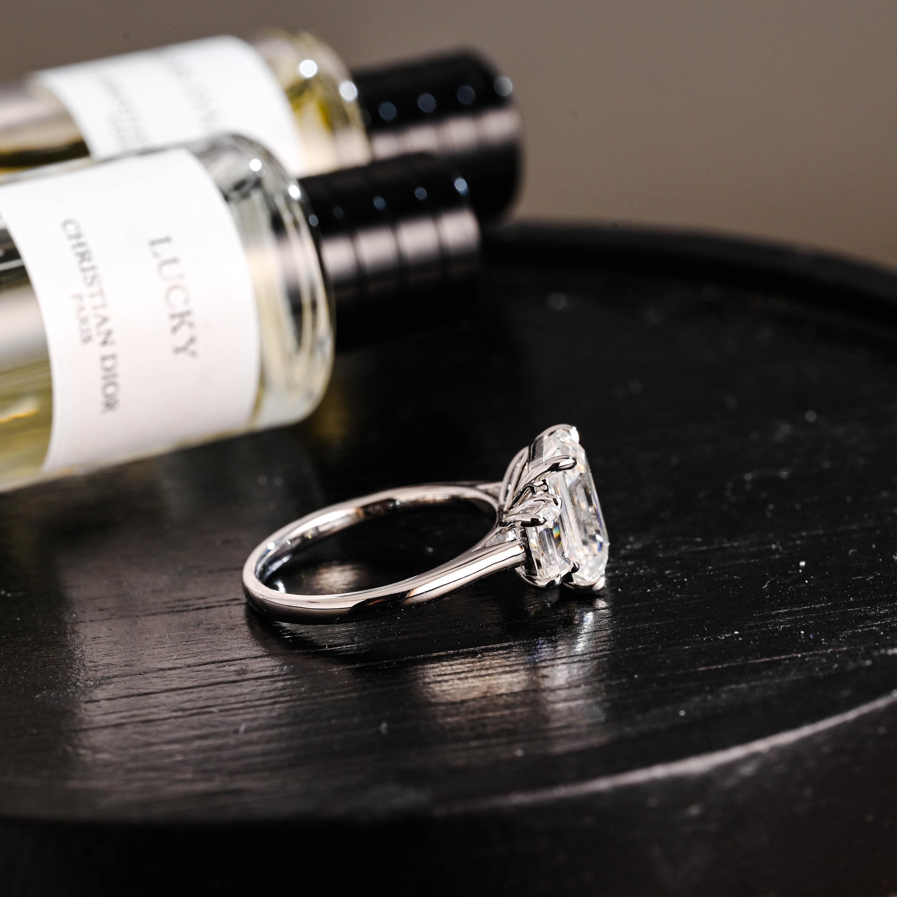Three Stone Emerald Cut Moissanite Engagement Ring, Solid Gold Promise Ring, Gold Proposal Ring, Anniversary Gift Birthday Gift for Women