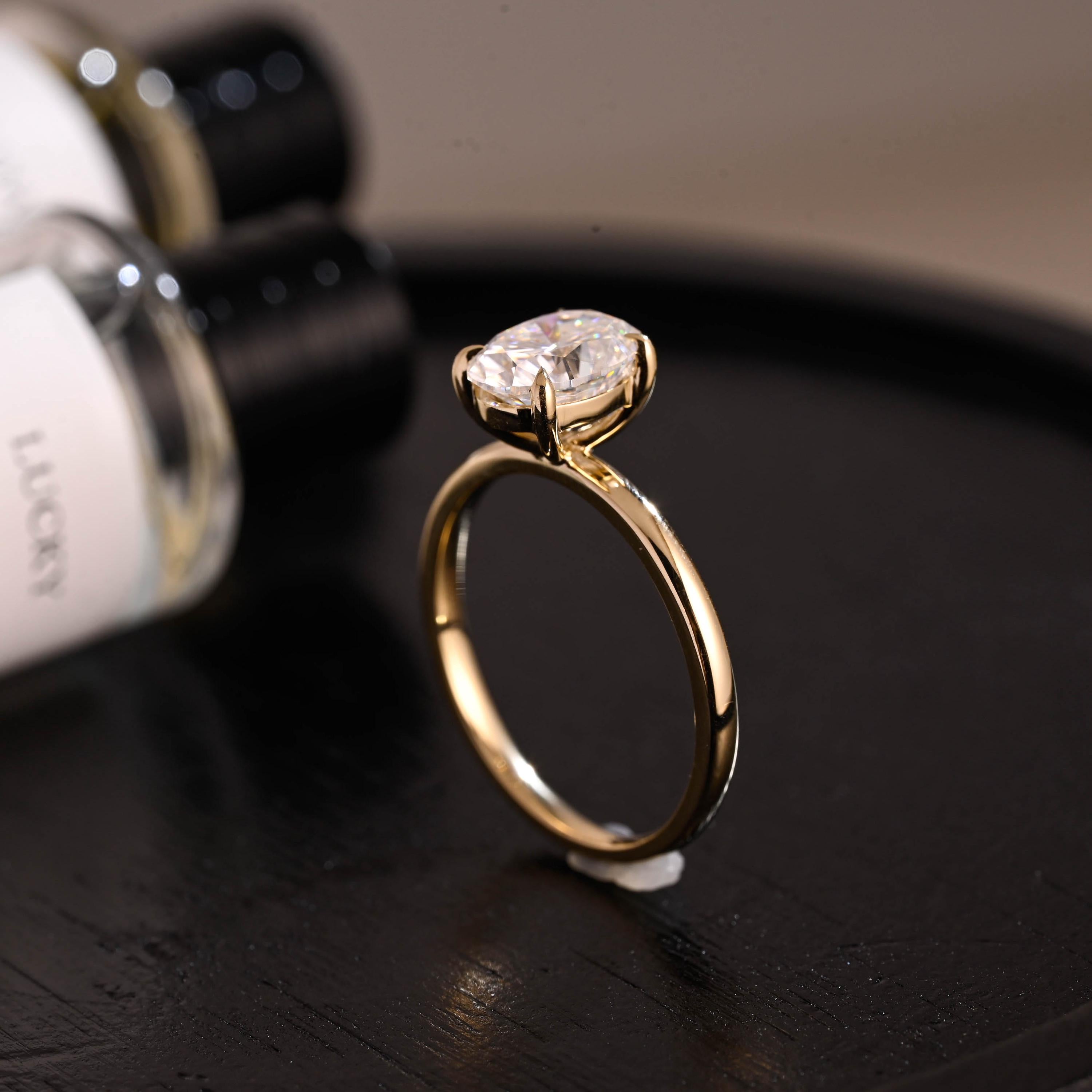 Solid Gold Solitaire Oval Cut Moissanite Engagement Ring, Anniversary Ring for Women