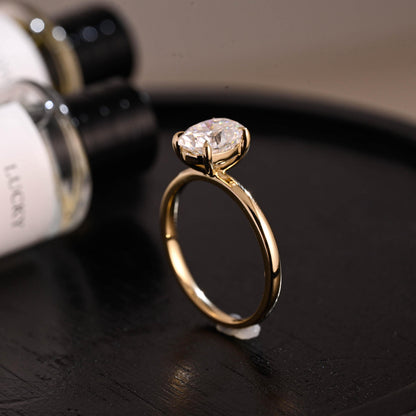 Solid Gold Solitaire Oval Cut Moissanite Engagement Ring, Anniversary Ring for Women