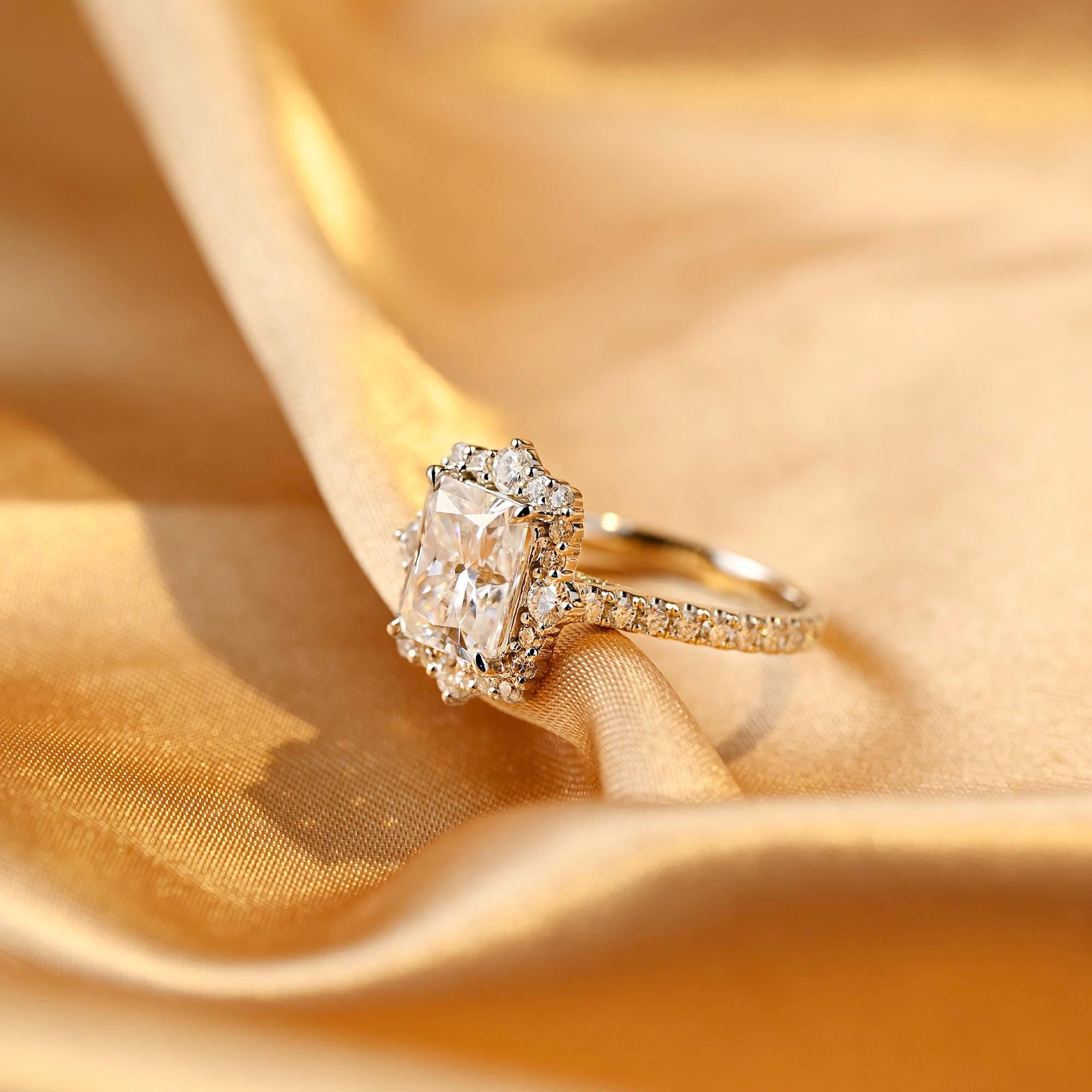 Solid Gold Cathedral Setting Radiant Cut Moissanite Engagement Ring, Halo Pave Vintage Style Ring