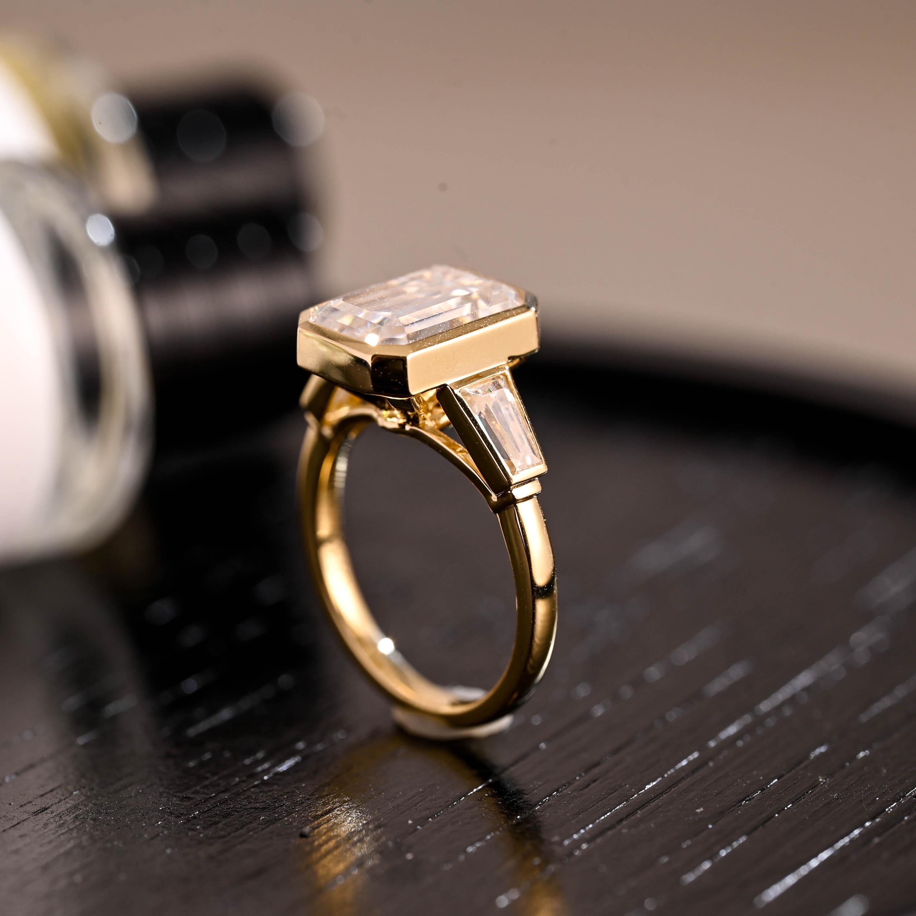Solid Gold Three Stone Emerald Cut Moissanite Engagement Ring, Trapezoid Accents Emerald Cut Wedding Ring