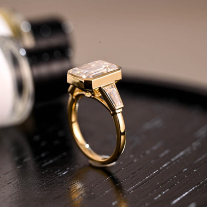 Solid Gold Three Stone Emerald Cut Moissanite Engagement Ring, Trapezoid Accents Emerald Cut Wedding Ring