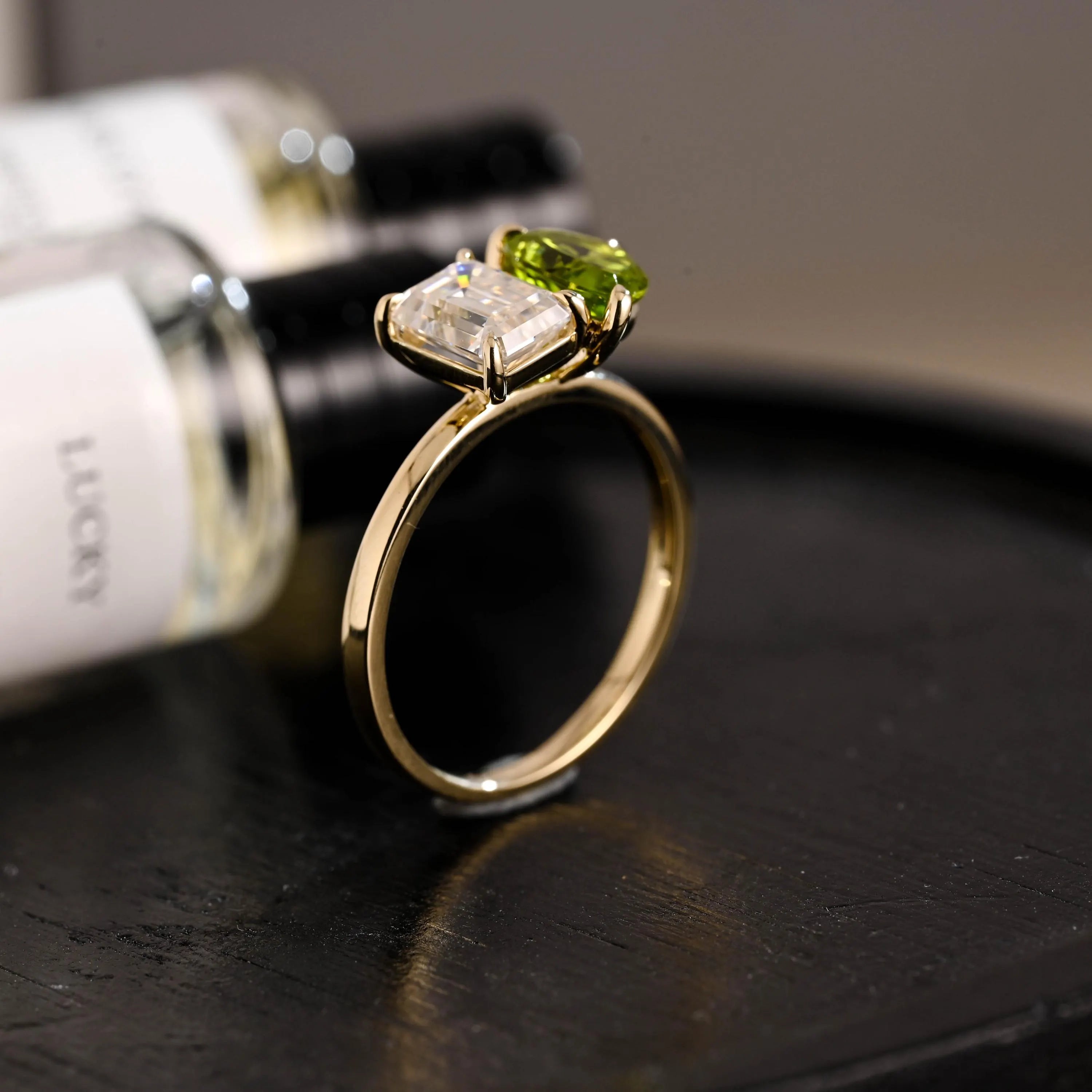 Solid Gold Toi et Moi Emerald Cut Moissanite & Pear Lab Grown Peridot Engagement Ring