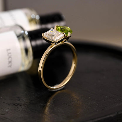 Solid Gold Toi et Moi Emerald Cut Moissanite & Pear Lab Grown Peridot Engagement Ring