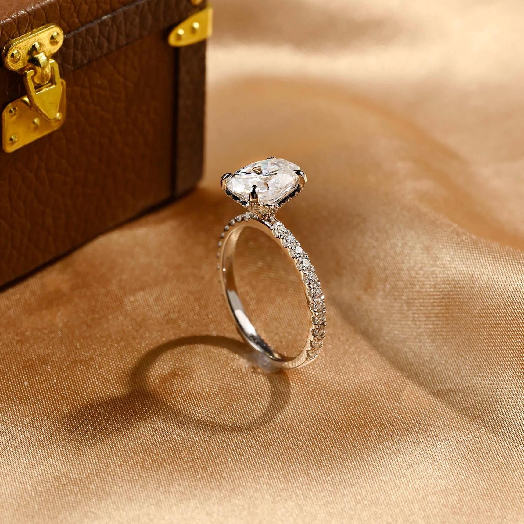 Solid Gold Tulip Setting Oval Cut Moissanite Engagement Ring, Nature Inspired Wedding Ring
