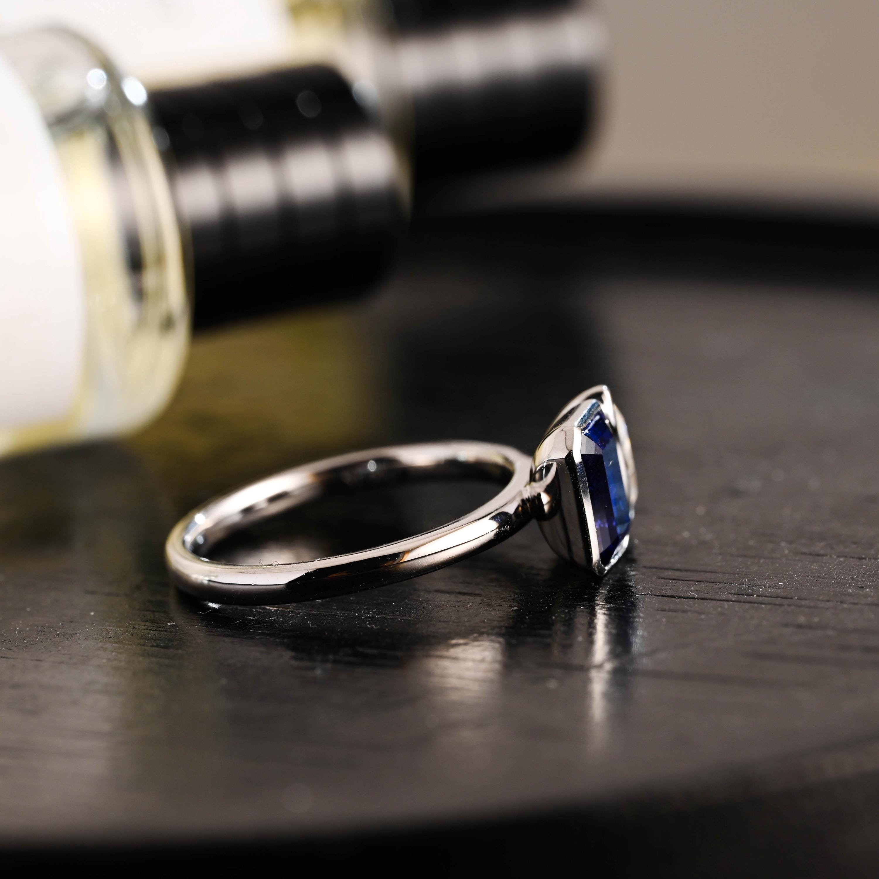 Bezel Solid Gold Emerald Cut Lab Grown Sapphire & Pear Cut Moissanite Toi et Moi Engagement Ring